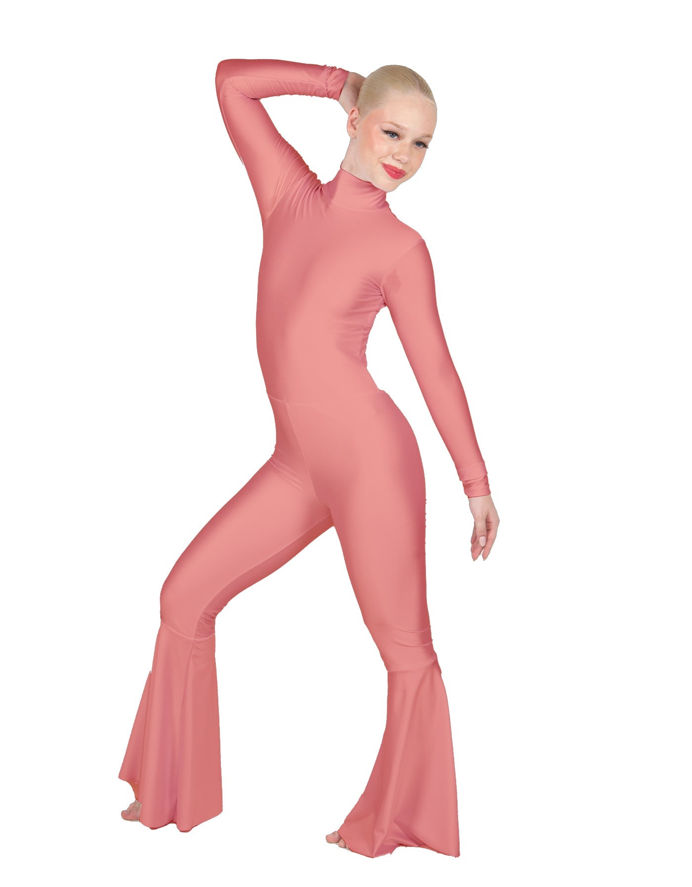 Solid Lycra LS Zipper Back Wide Flare Pant Unitard