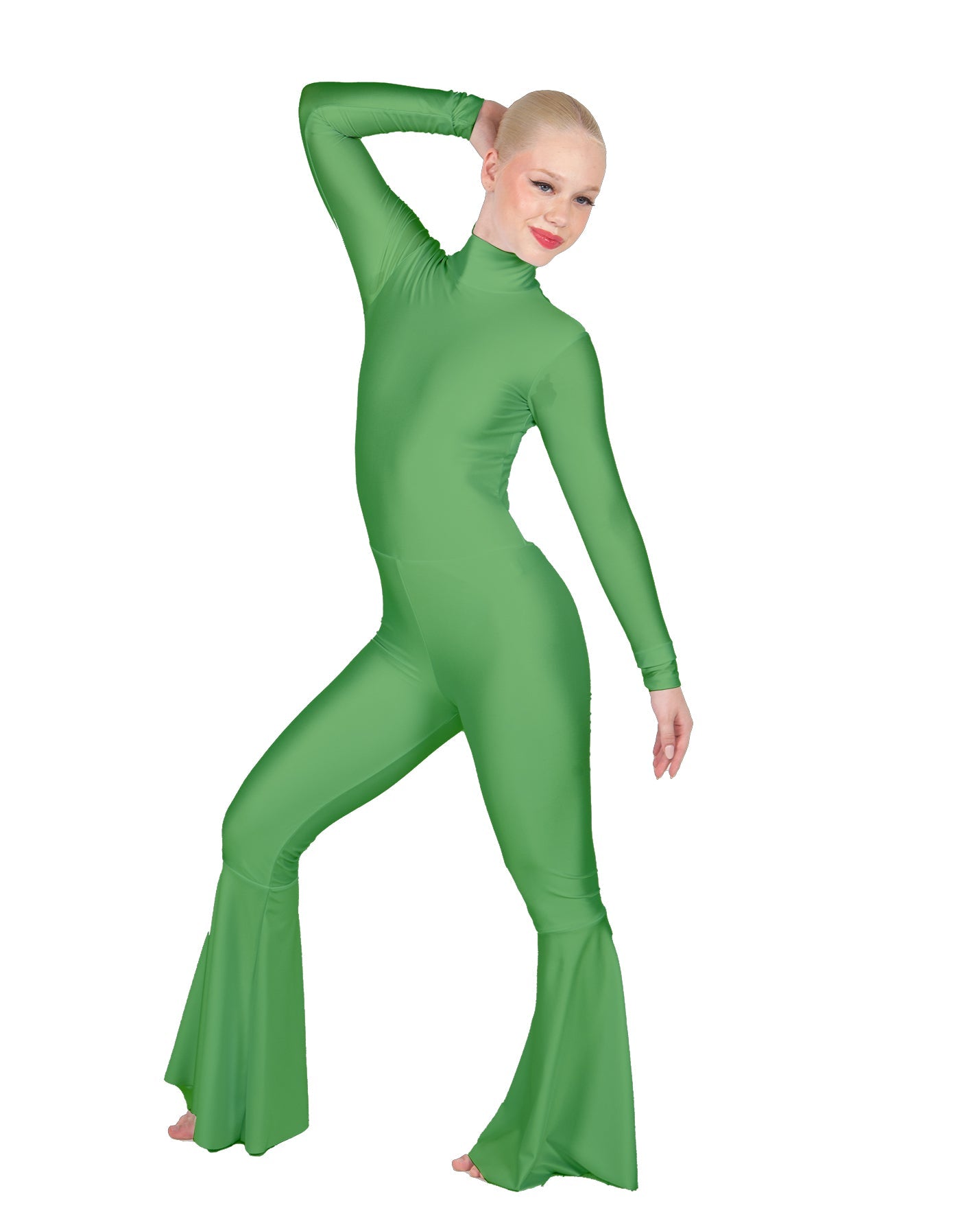 Solid Lycra LS Zipper Back Wide Flare Pant Unitard