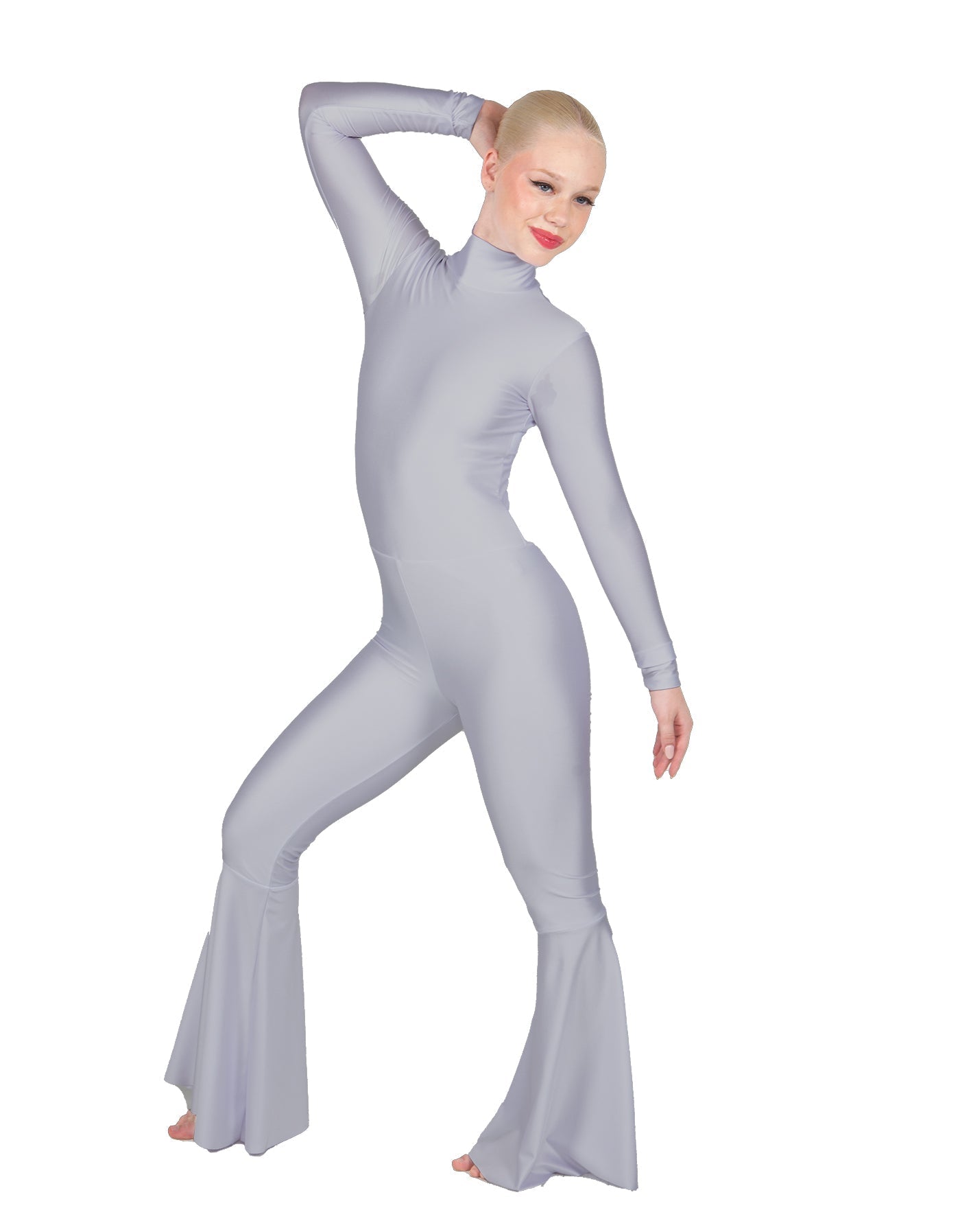 Solid Lycra LS Zipper Back Wide Flare Pant Unitard
