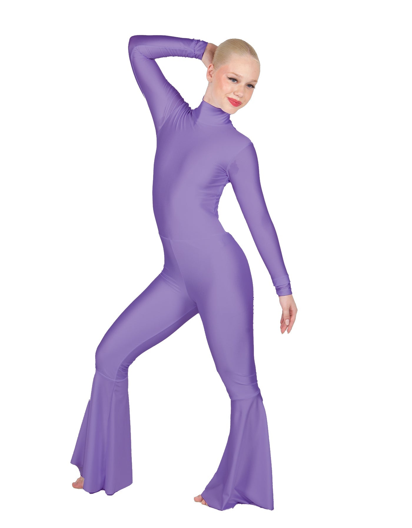 Solid Lycra LS Zipper Back Wide Flare Pant Unitard