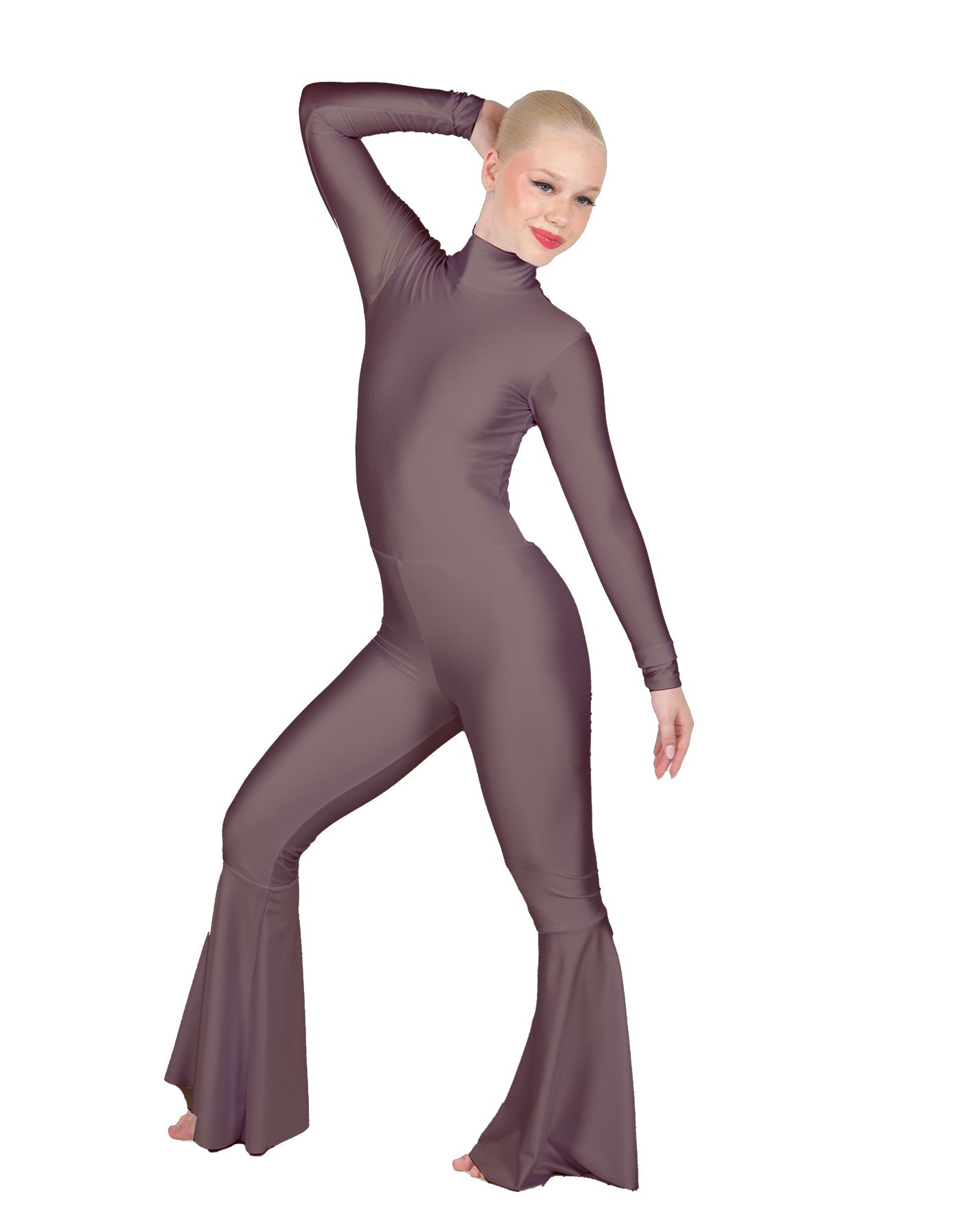 Solid Lycra LS Zipper Back Wide Flare Pant Unitard