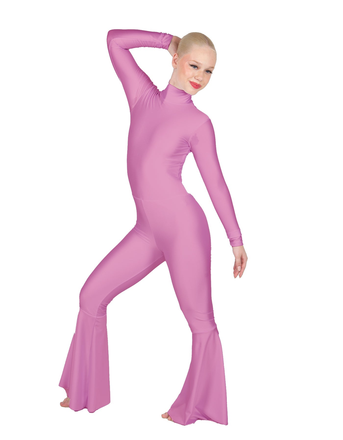 Solid Lycra LS Zipper Back Wide Flare Pant Unitard