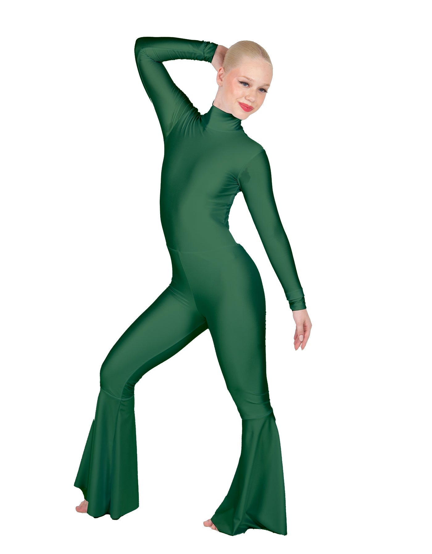 Solid Lycra LS Zipper Back Wide Flare Pant Unitard