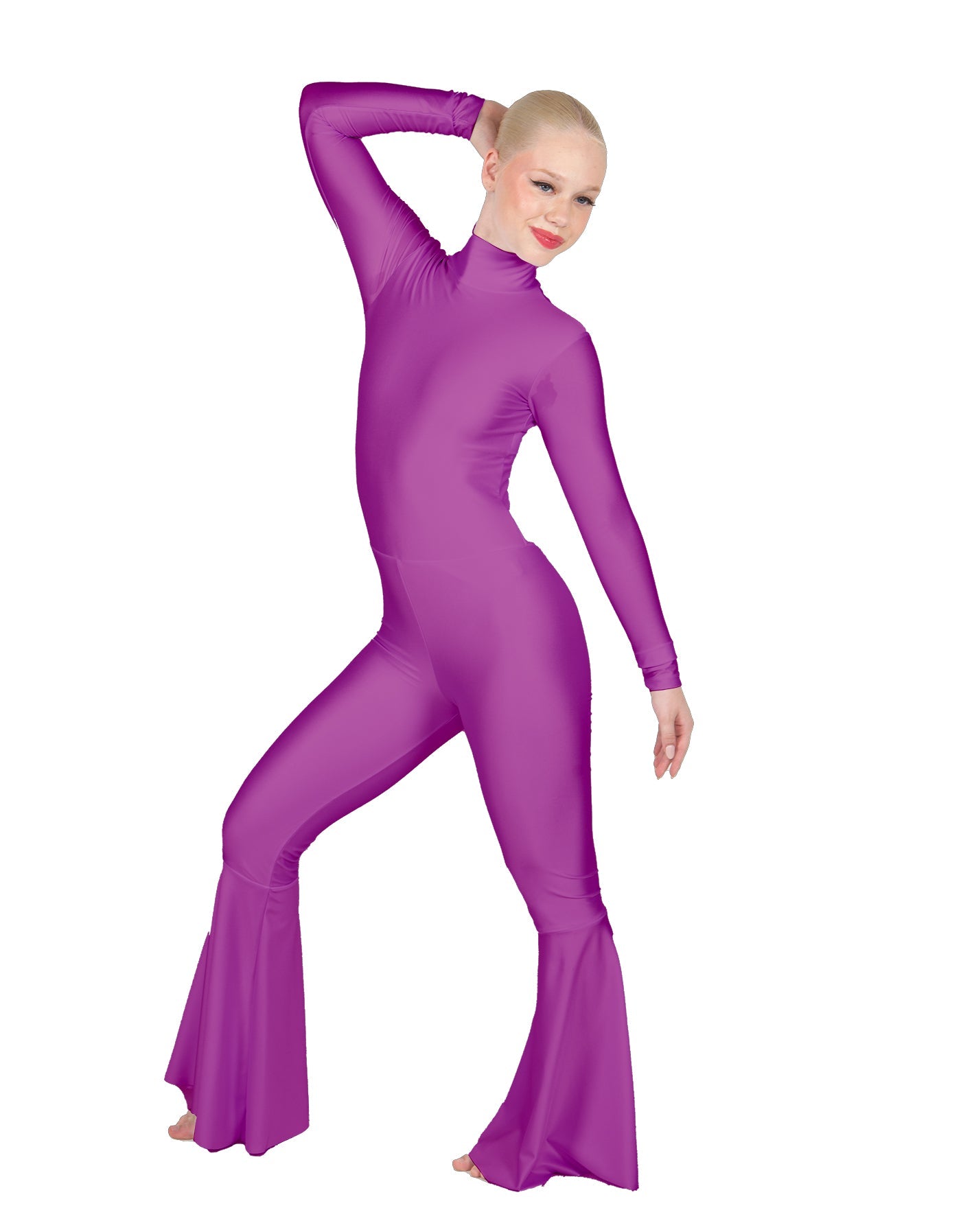 Solid Lycra LS Zipper Back Wide Flare Pant Unitard