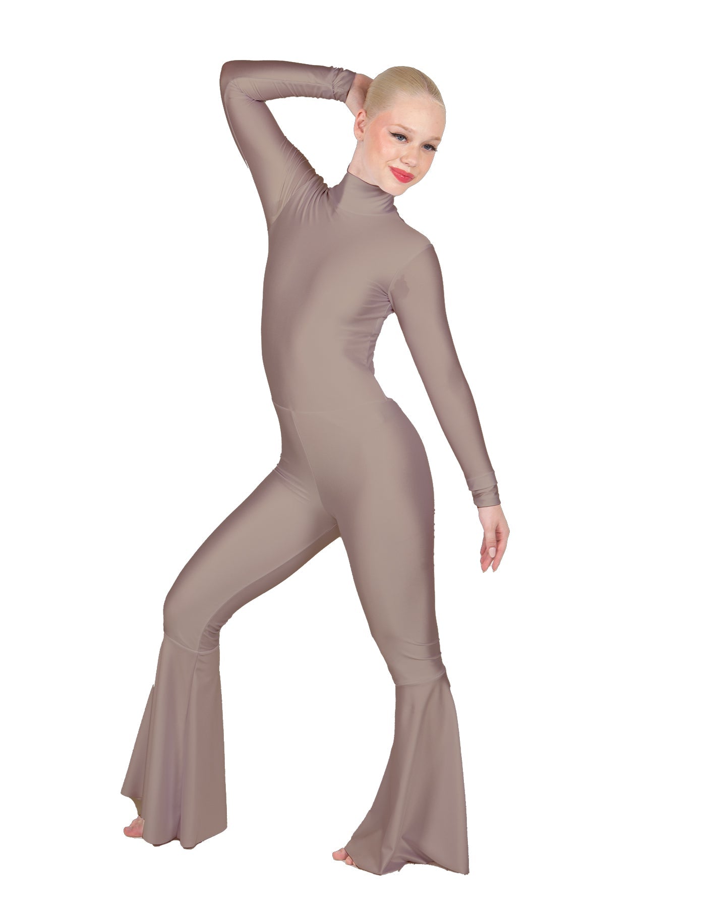 Solid Lycra LS Zipper Back Wide Flare Pant Unitard