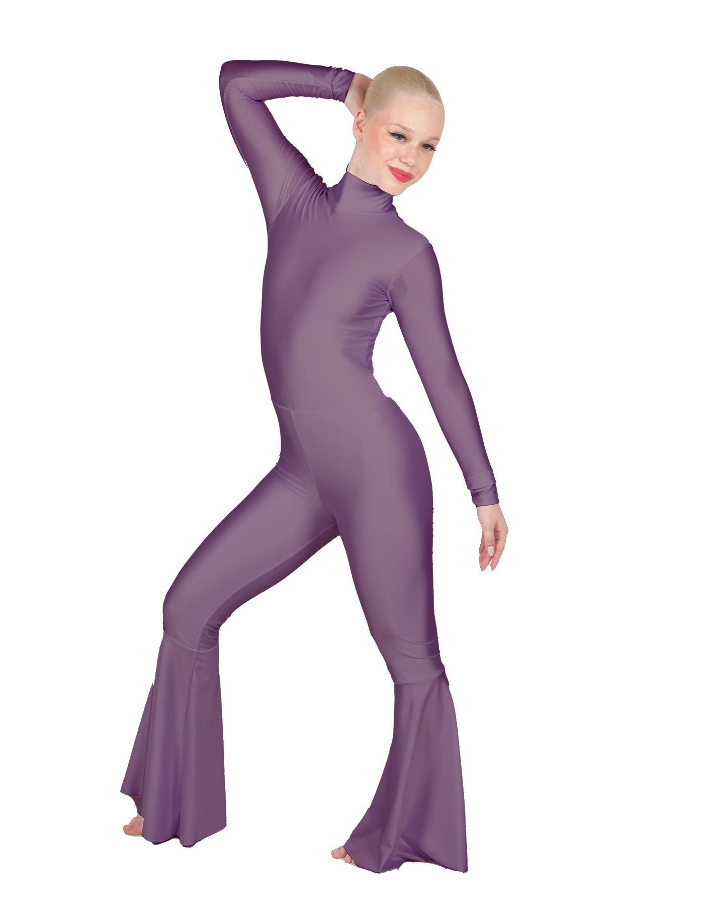 Solid Lycra LS Zipper Back Wide Flare Pant Unitard