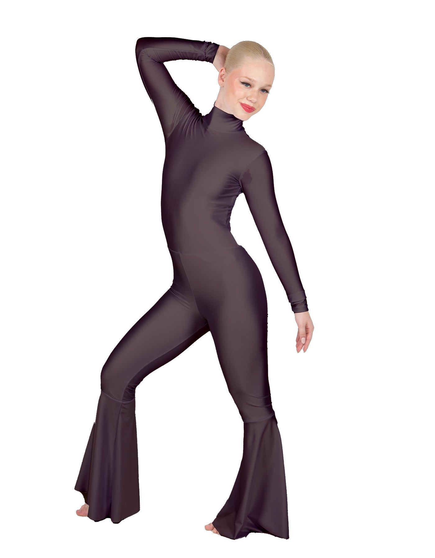 Solid Lycra LS Zipper Back Wide Flare Pant Unitard