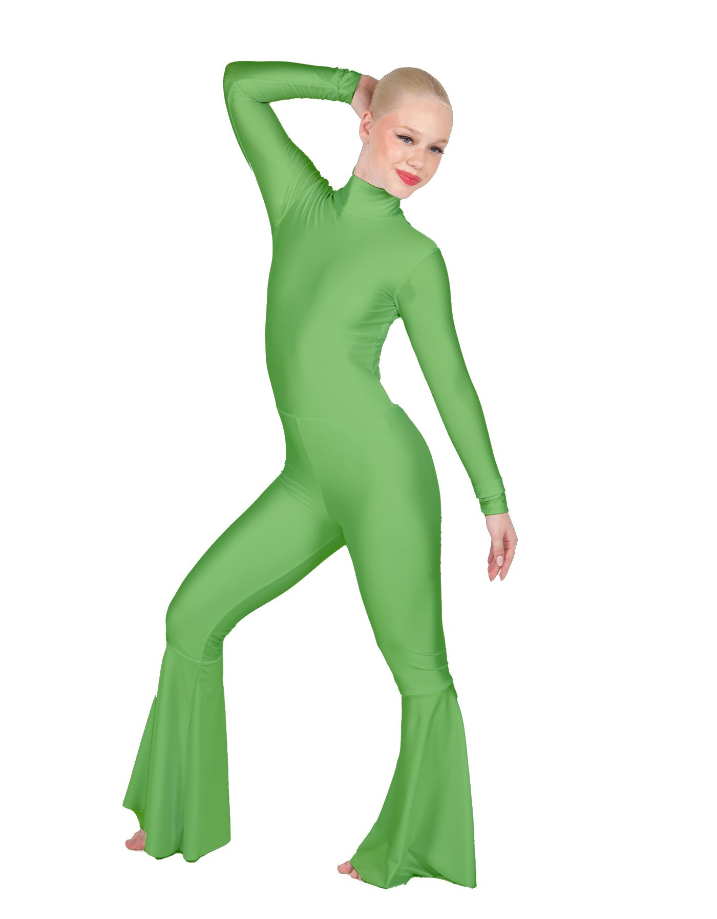 Solid Lycra LS Zipper Back Wide Flare Pant Unitard
