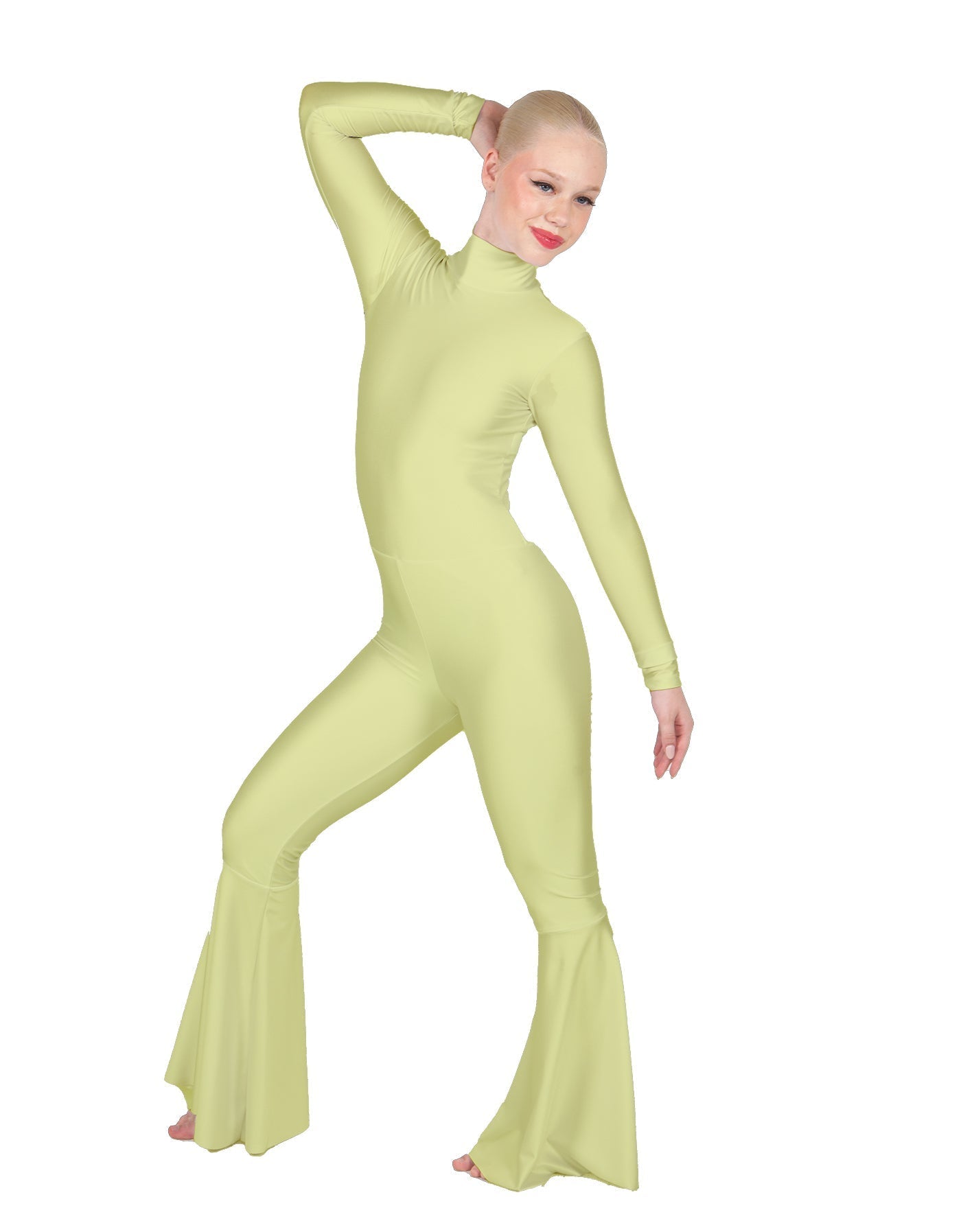 Solid Lycra LS Zipper Back Wide Flare Pant Unitard