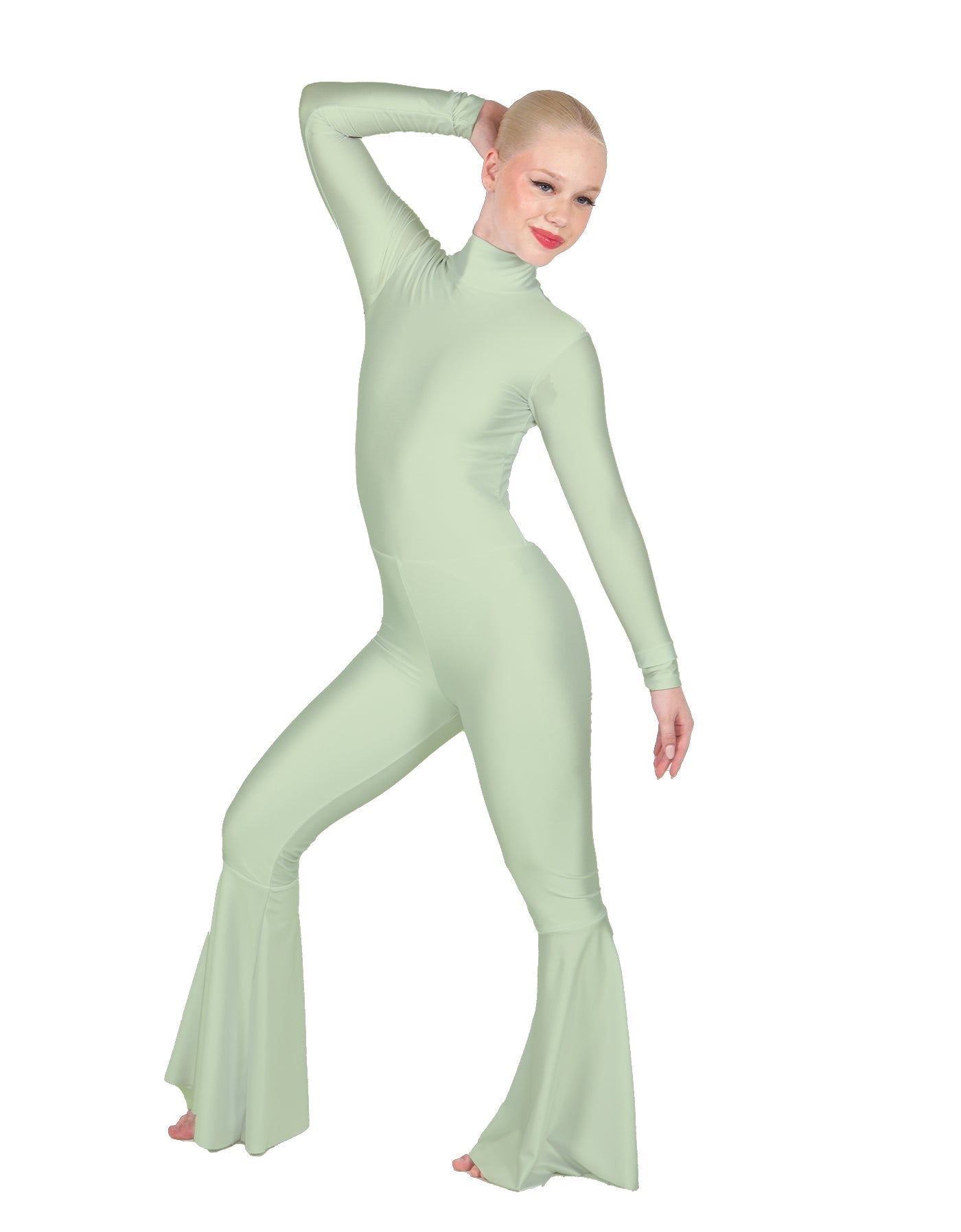 Solid Lycra LS Zipper Back Wide Flare Pant Unitard