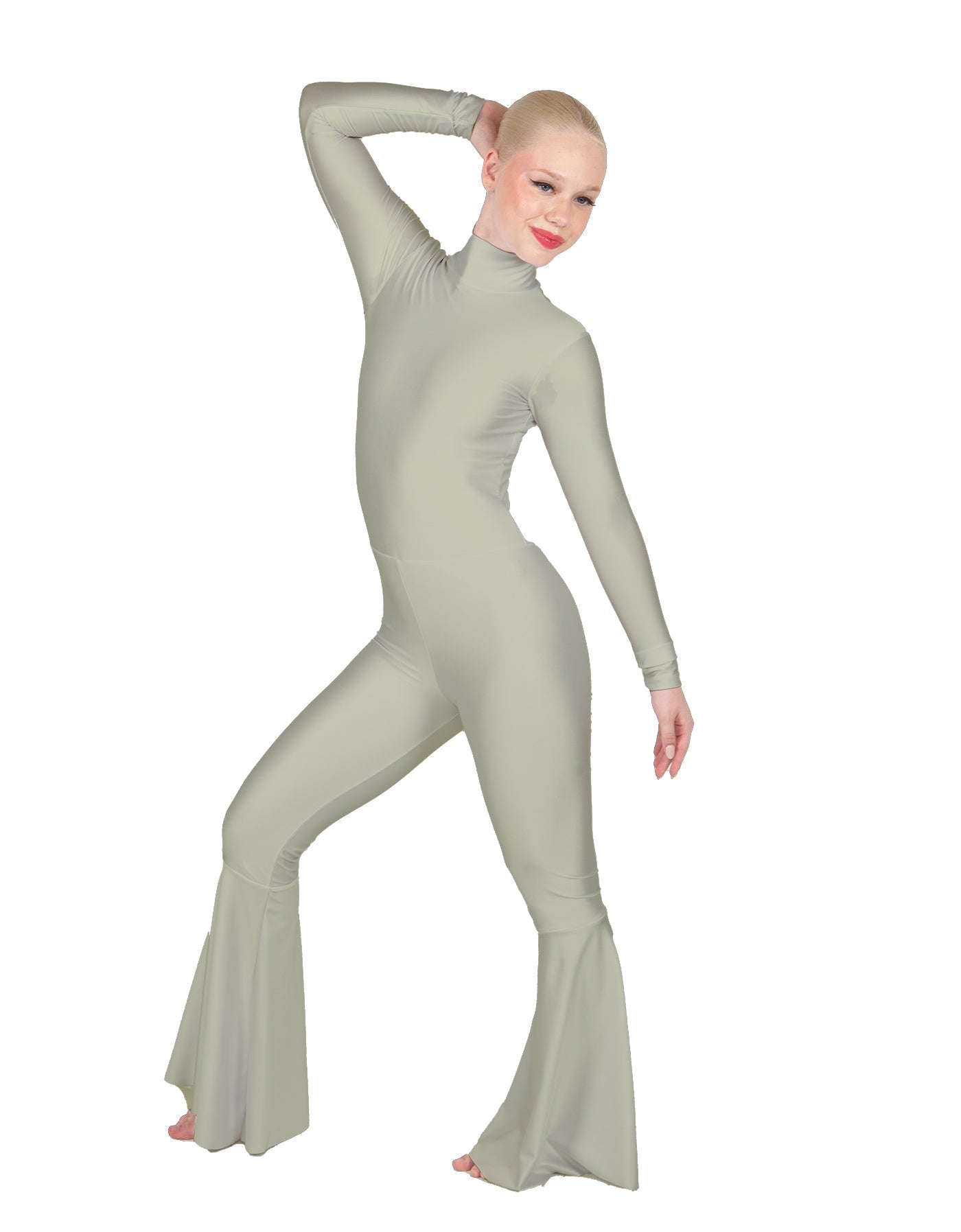 Solid Lycra LS Zipper Back Wide Flare Pant Unitard
