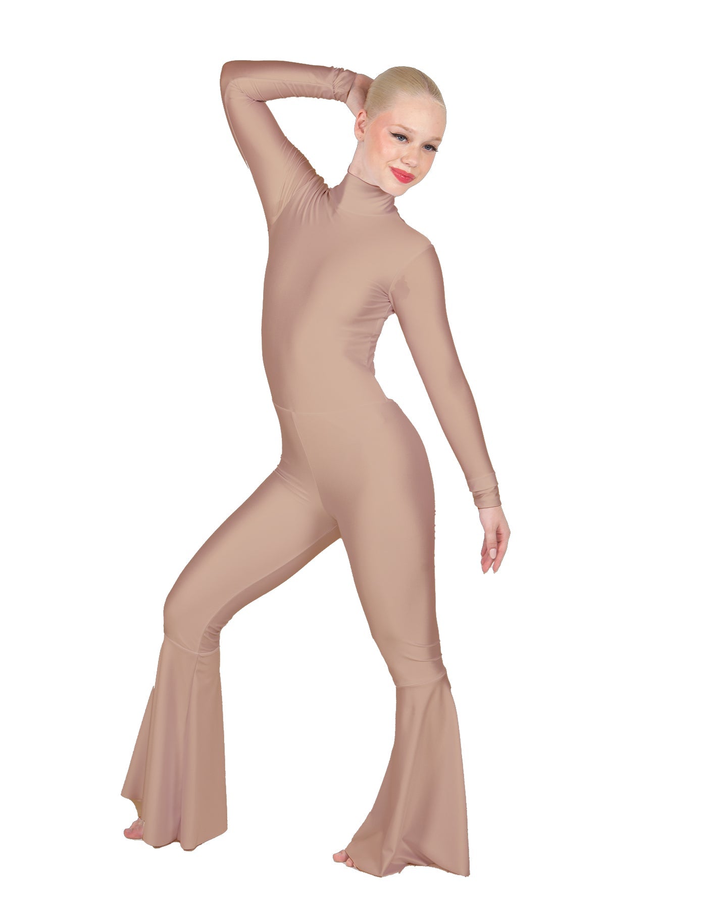 Solid Lycra LS Zipper Back Wide Flare Pant Unitard