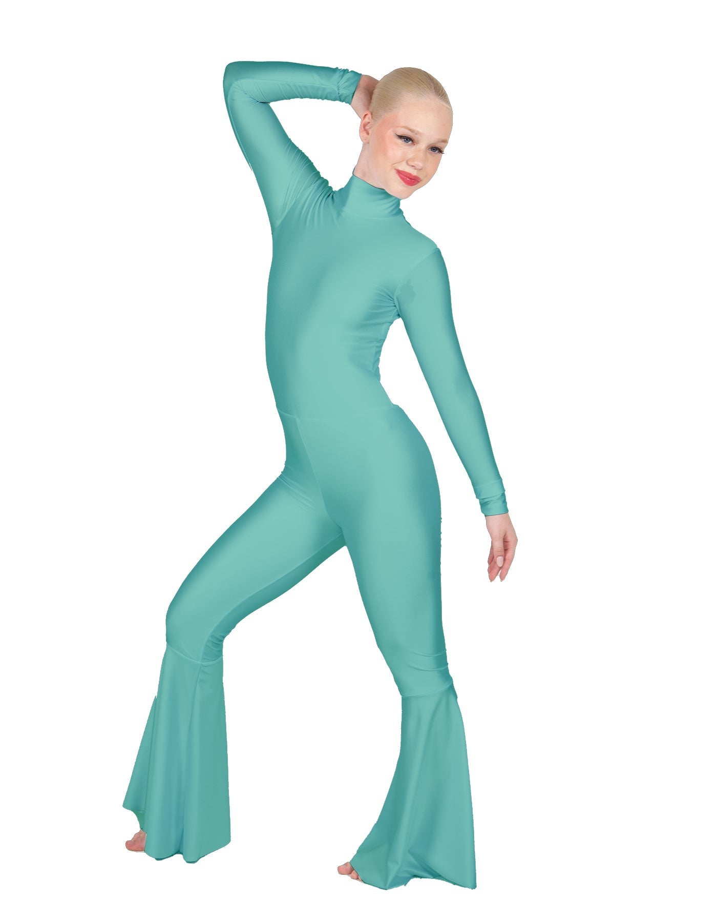 Solid Lycra LS Zipper Back Wide Flare Pant Unitard