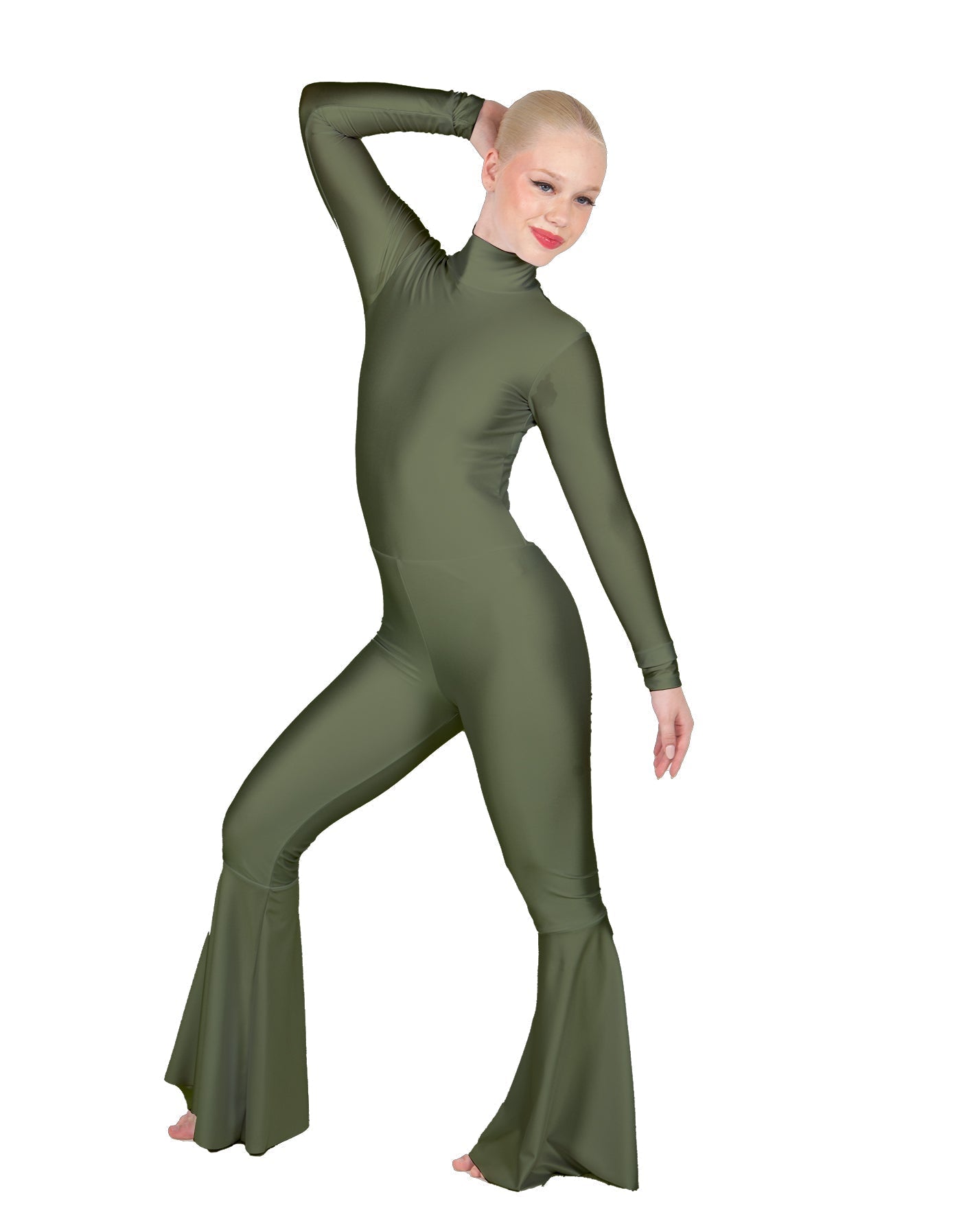 Solid Lycra LS Zipper Back Wide Flare Pant Unitard