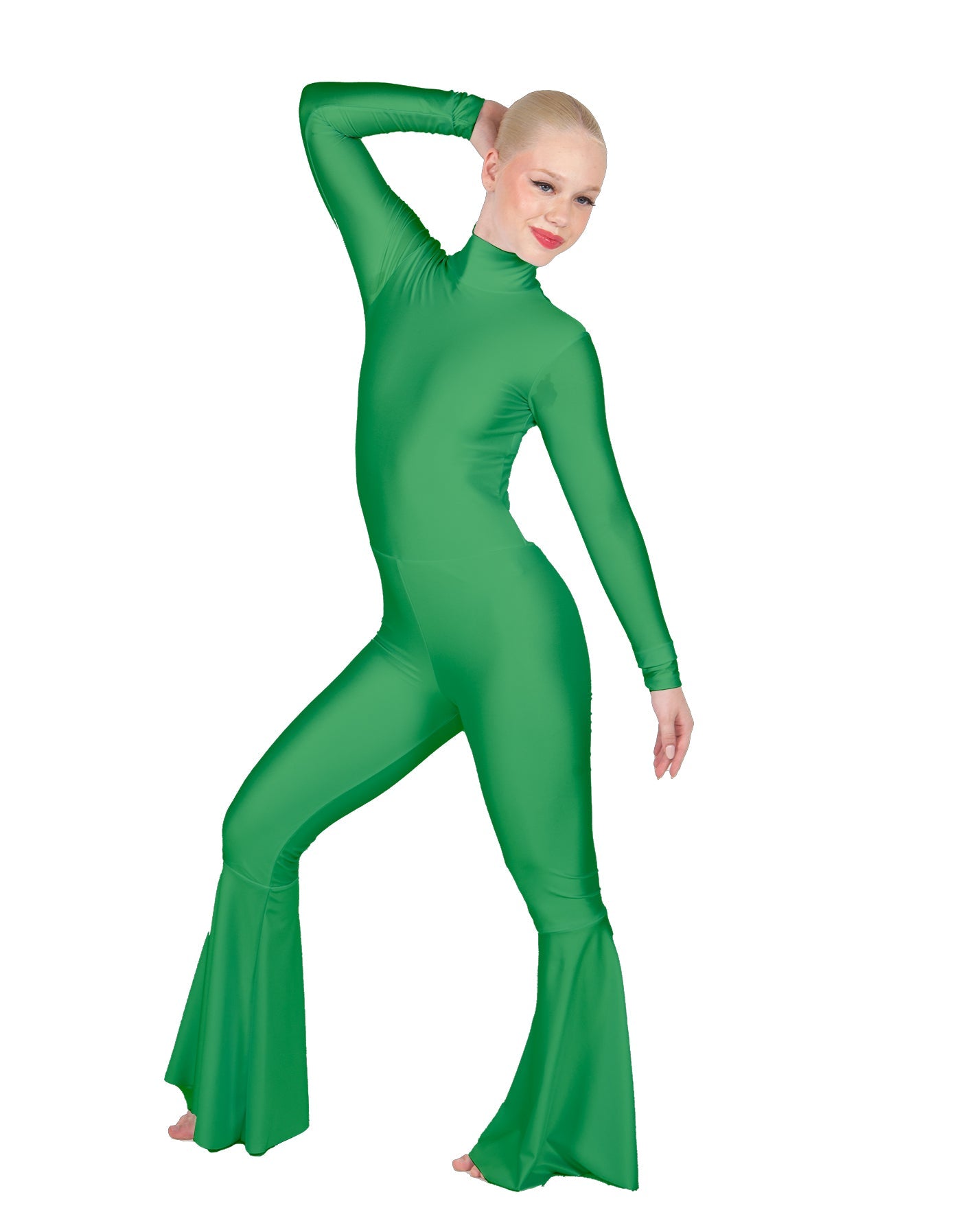 Solid Lycra LS Zipper Back Wide Flare Pant Unitard