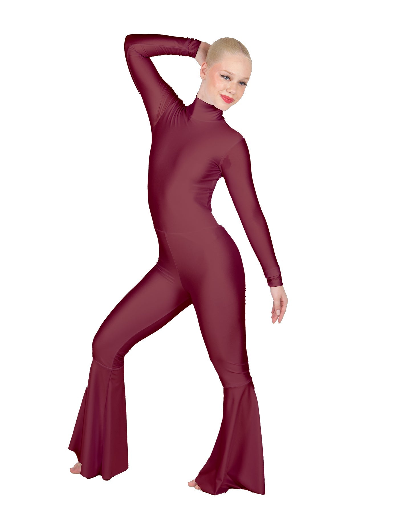 Solid Lycra LS Zipper Back Wide Flare Pant Unitard