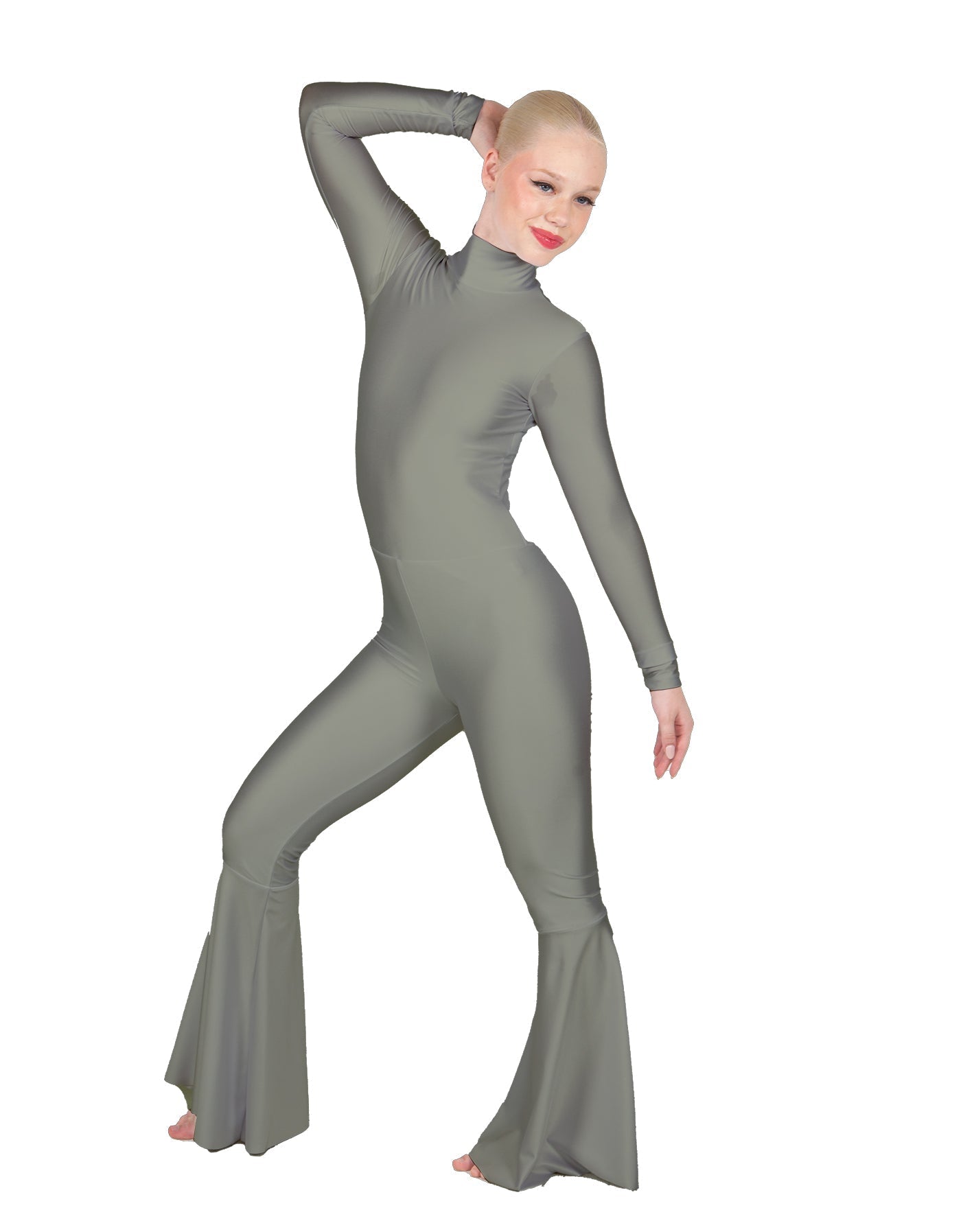 Solid Lycra LS Zipper Back Wide Flare Pant Unitard