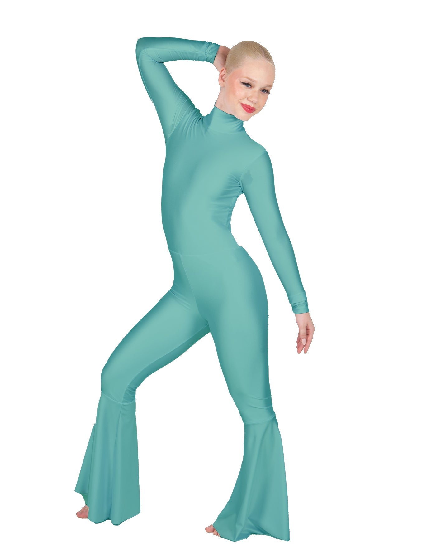 Solid Lycra LS Zipper Back Wide Flare Pant Unitard