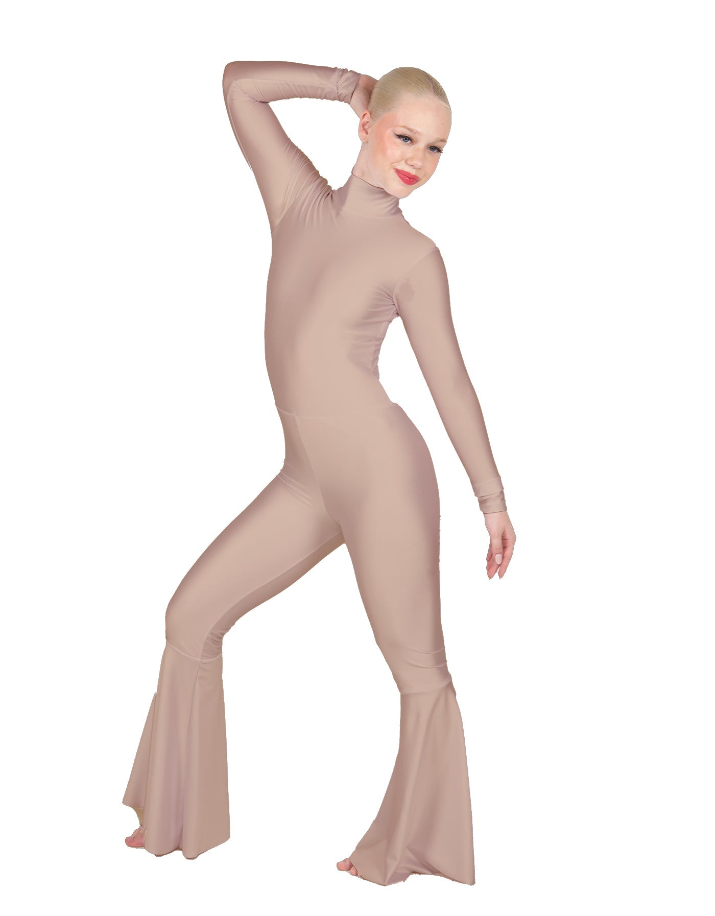 Solid Lycra LS Zipper Back Wide Flare Pant Unitard