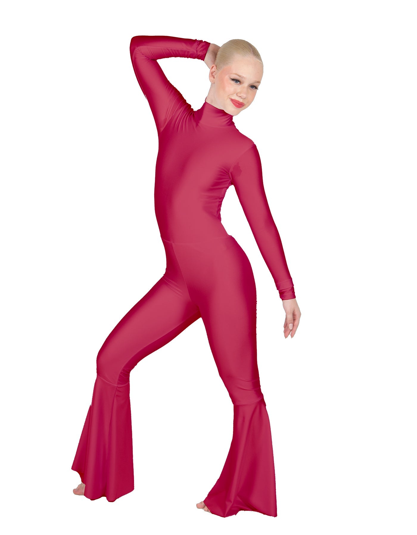 Solid Lycra LS Zipper Back Wide Flare Pant Unitard