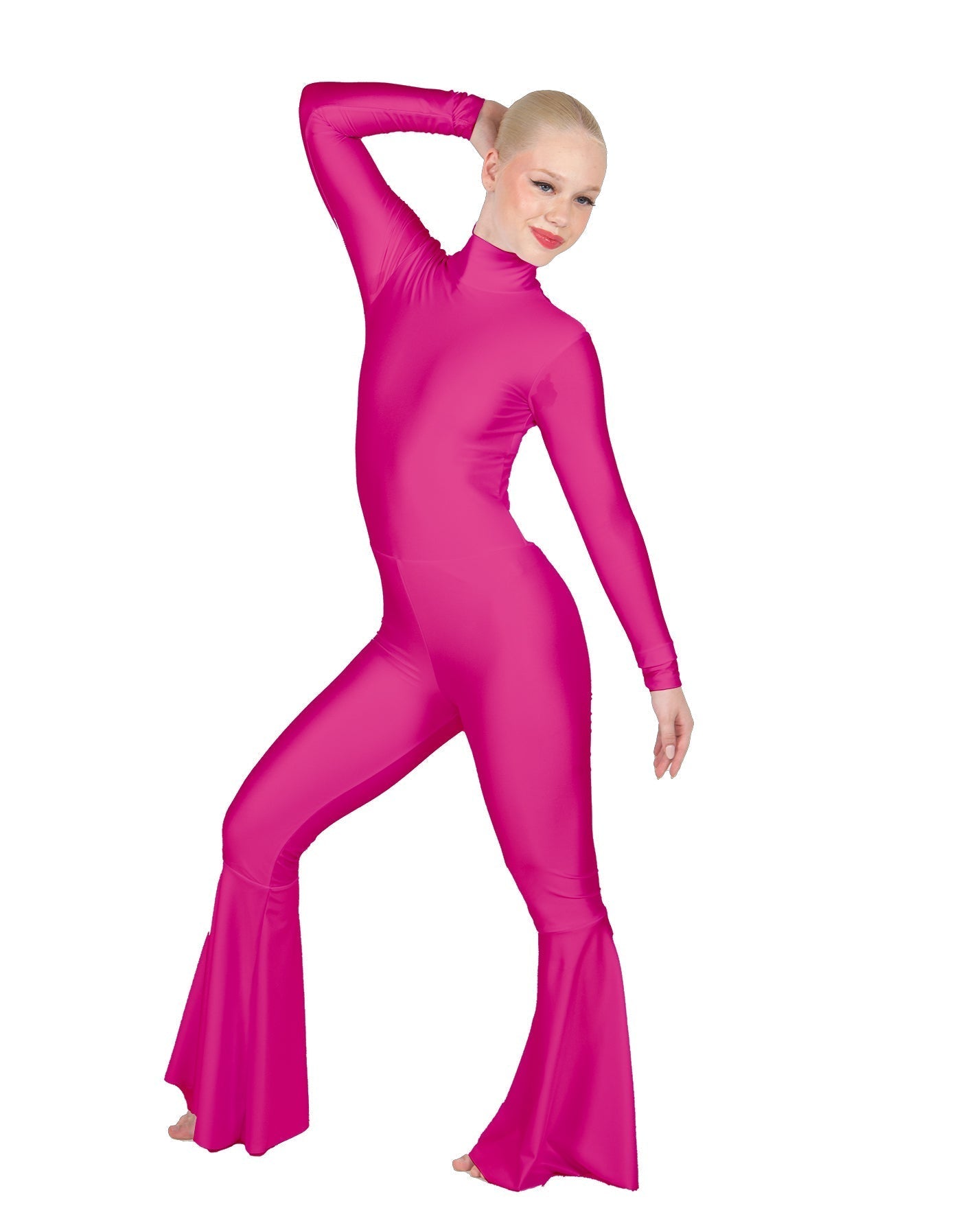 Solid Lycra LS Zipper Back Wide Flare Pant Unitard