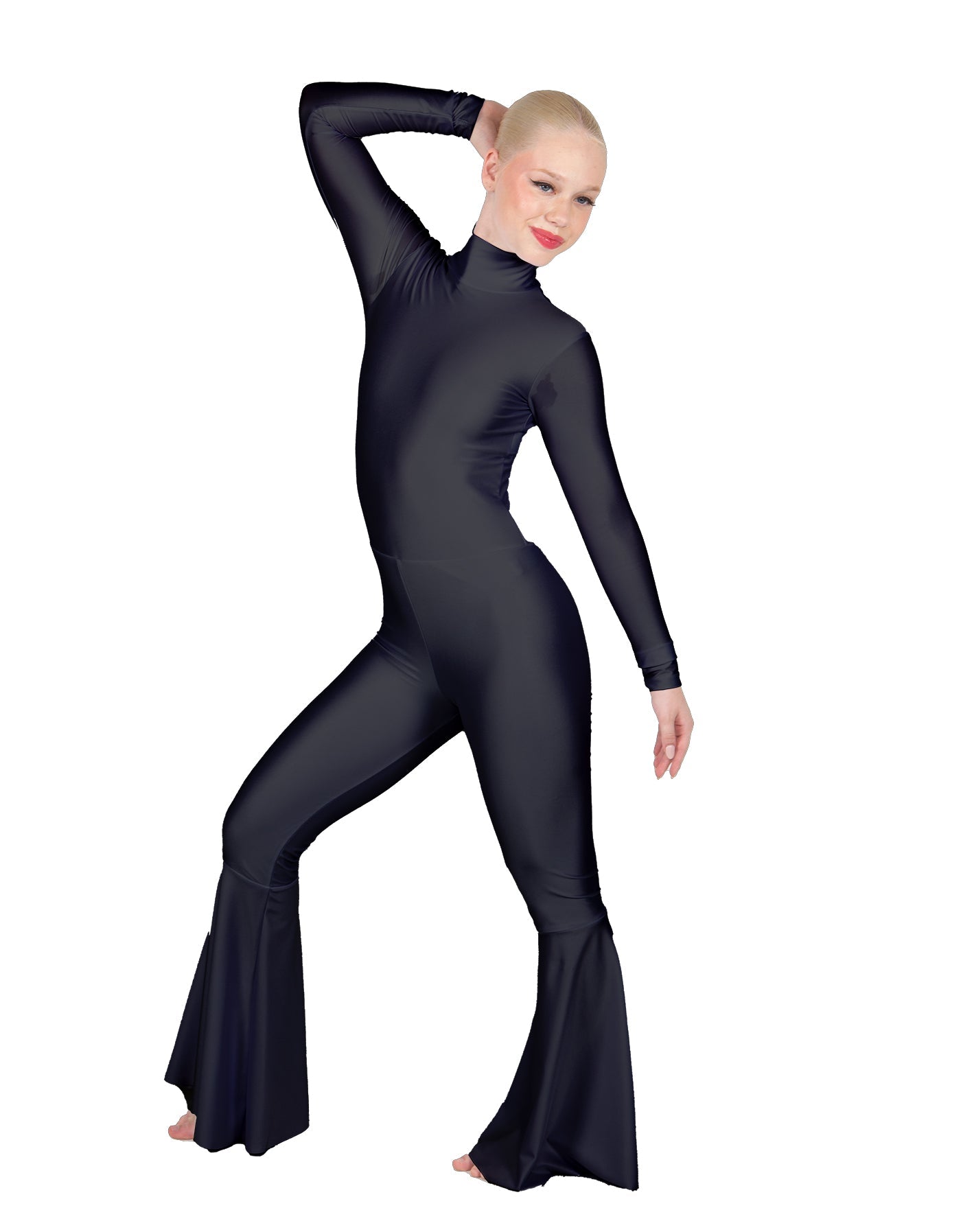 Solid Lycra LS Zipper Back Wide Flare Pant Unitard