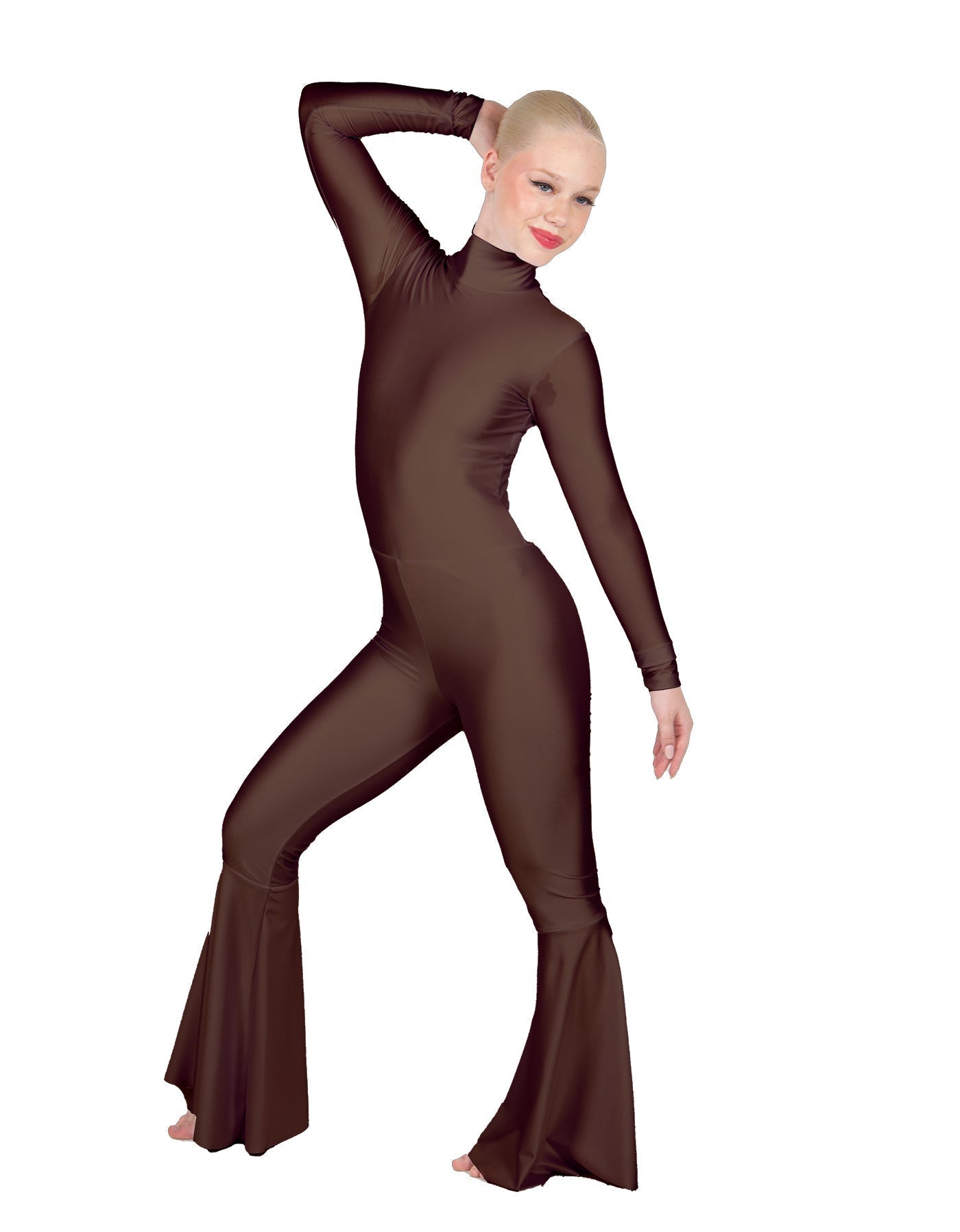 Solid Lycra LS Zipper Back Wide Flare Pant Unitard