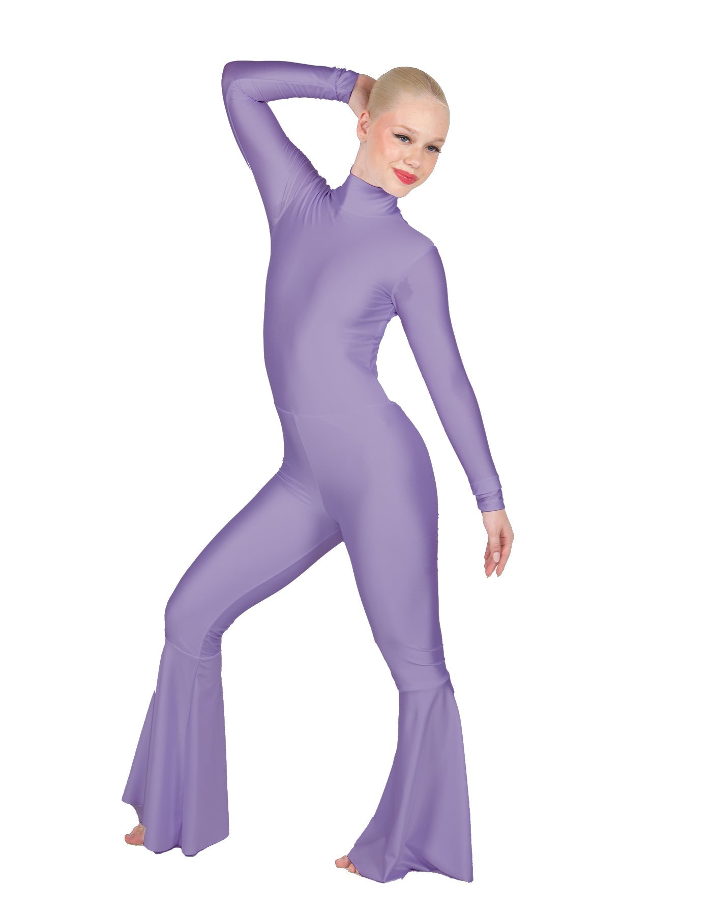 Solid Lycra LS Zipper Back Wide Flare Pant Unitard