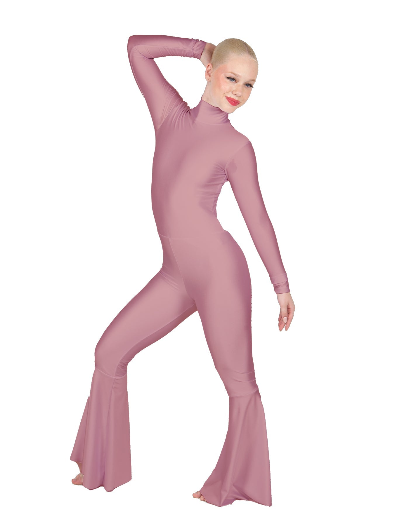 Solid Lycra LS Zipper Back Wide Flare Pant Unitard