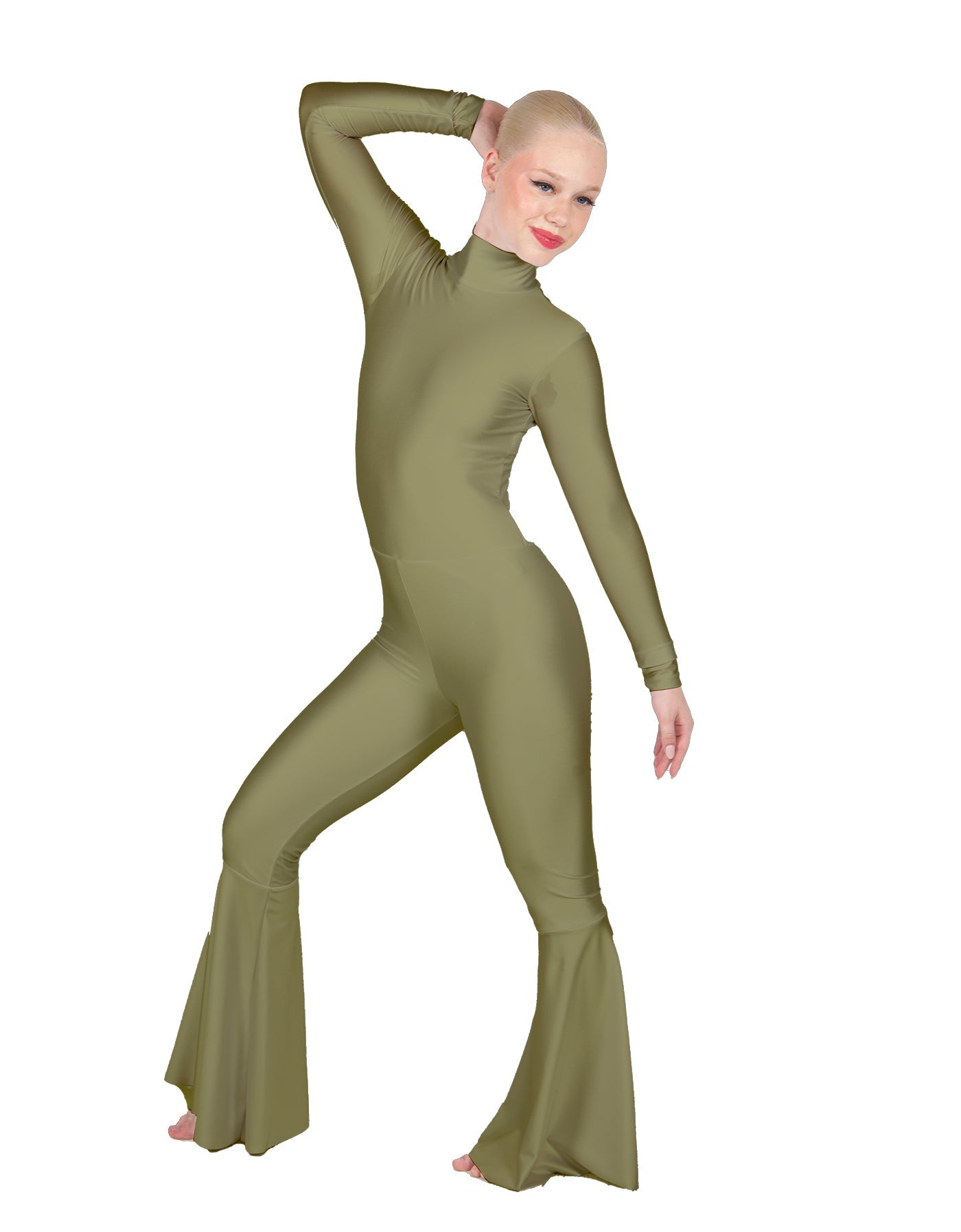 Solid Lycra LS Zipper Back Wide Flare Pant Unitard