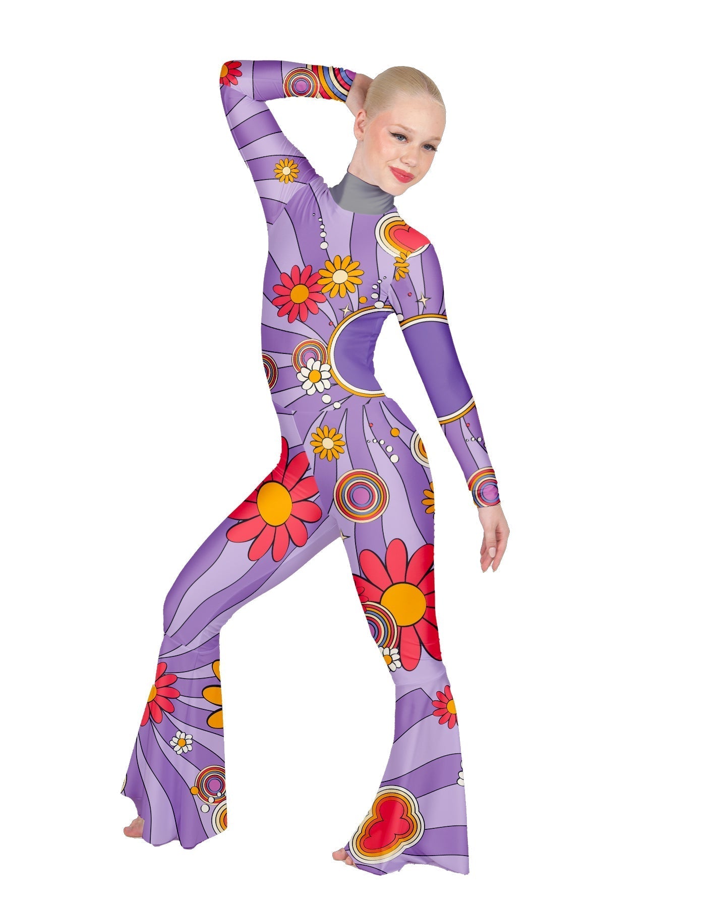 Solid Lycra LS Zipper Back Wide Flare Pant Unitard