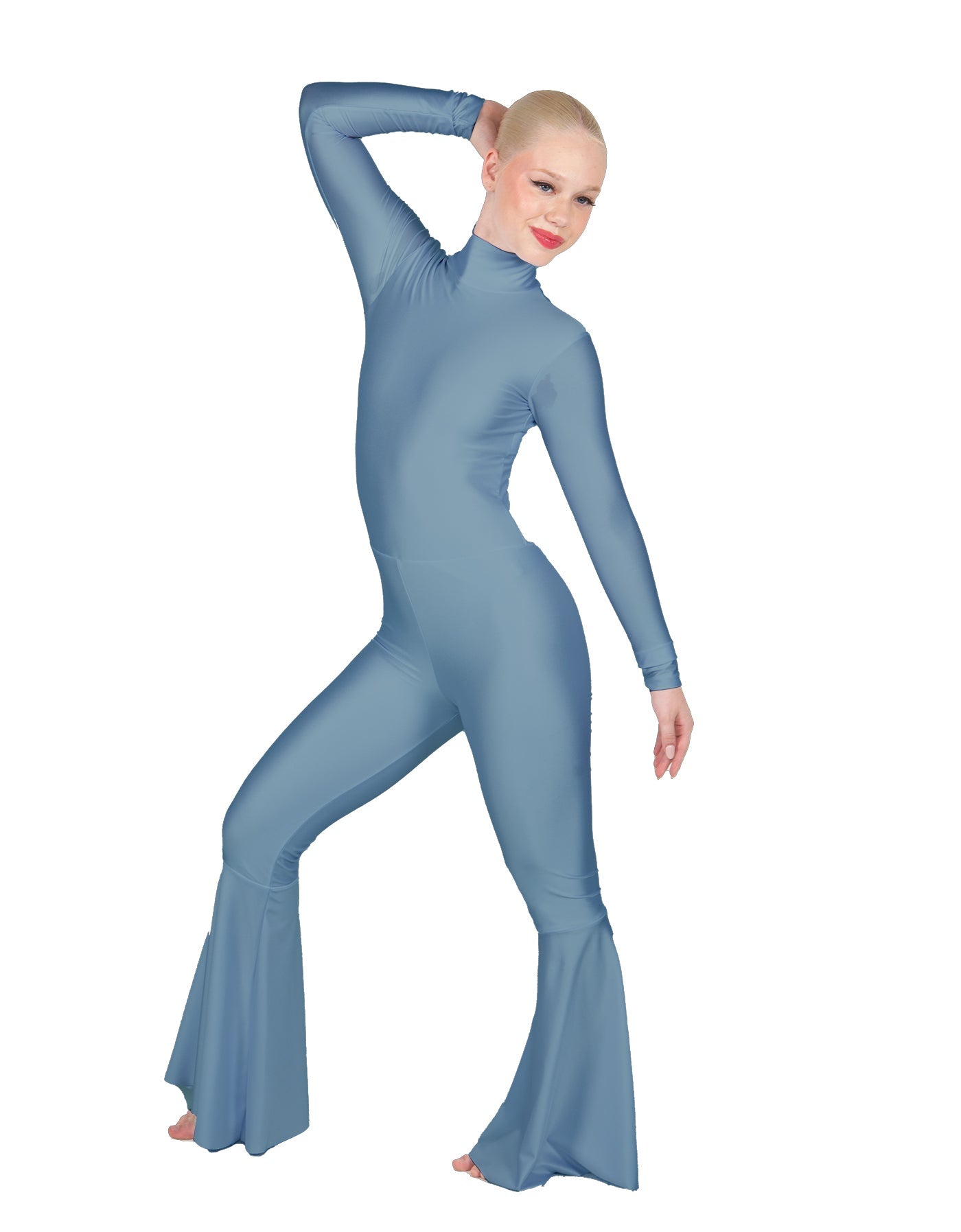 Solid Lycra LS Zipper Back Wide Flare Pant Unitard