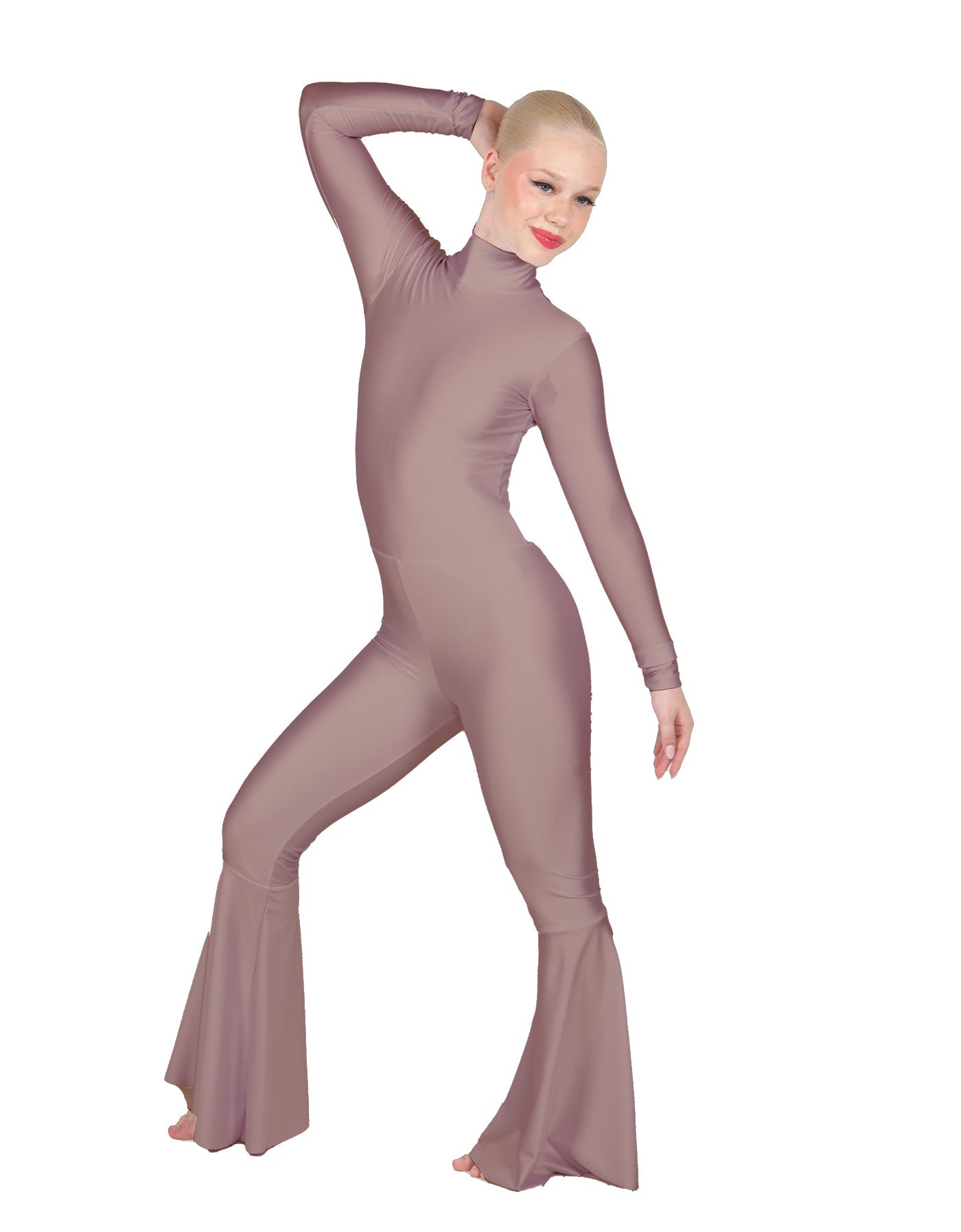 Solid Lycra LS Zipper Back Wide Flare Pant Unitard