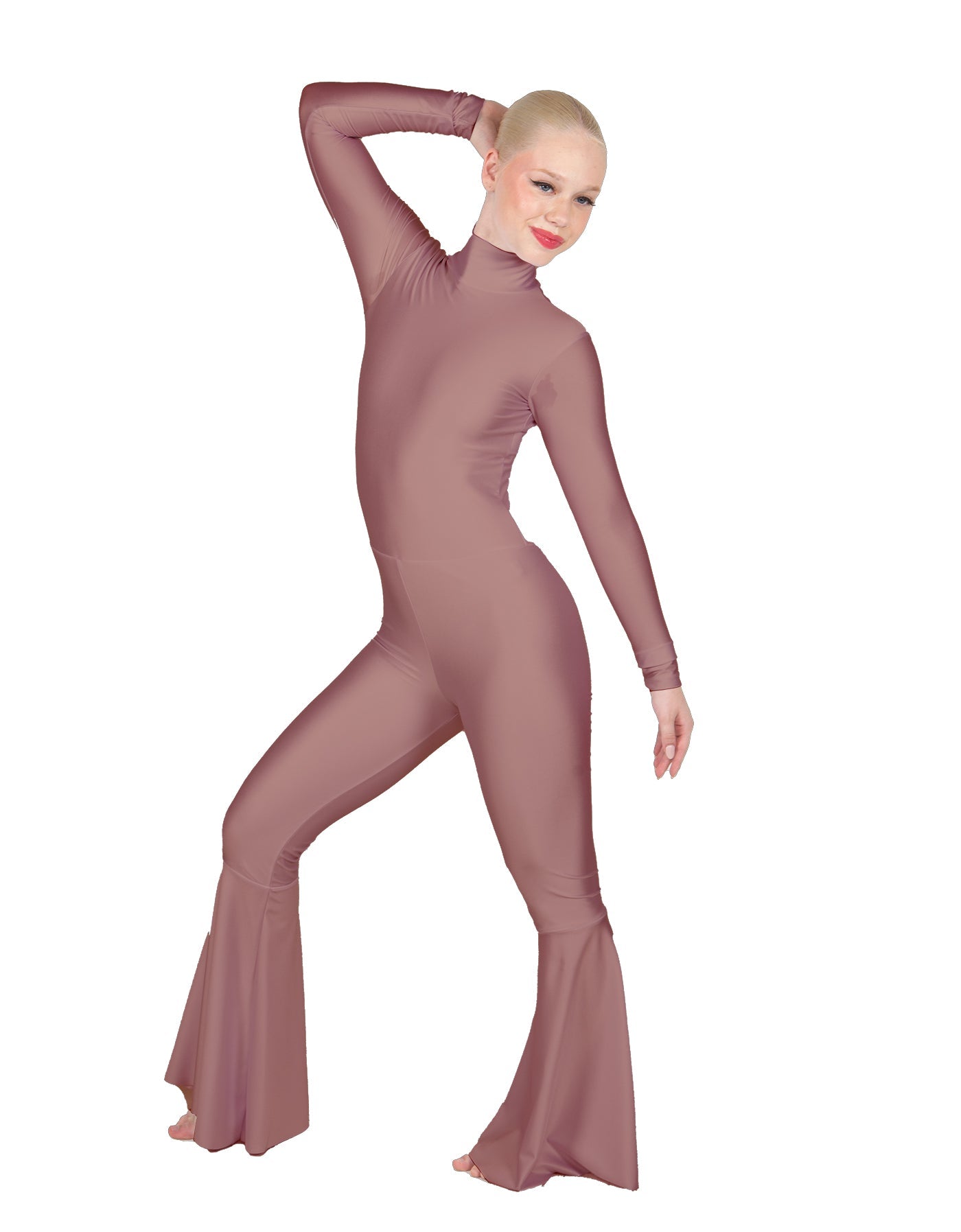 Solid Lycra LS Zipper Back Wide Flare Pant Unitard