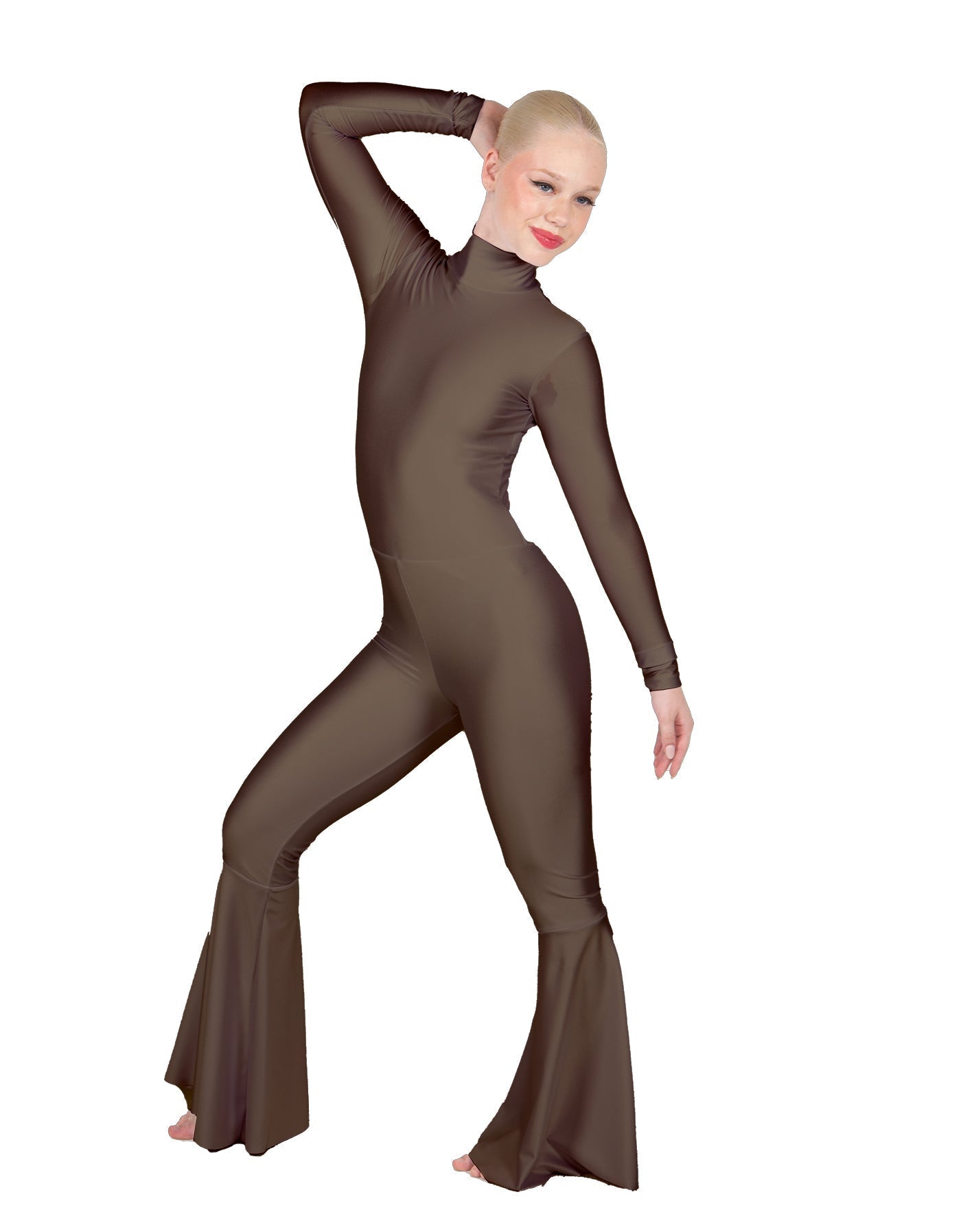 Solid Lycra LS Zipper Back Wide Flare Pant Unitard