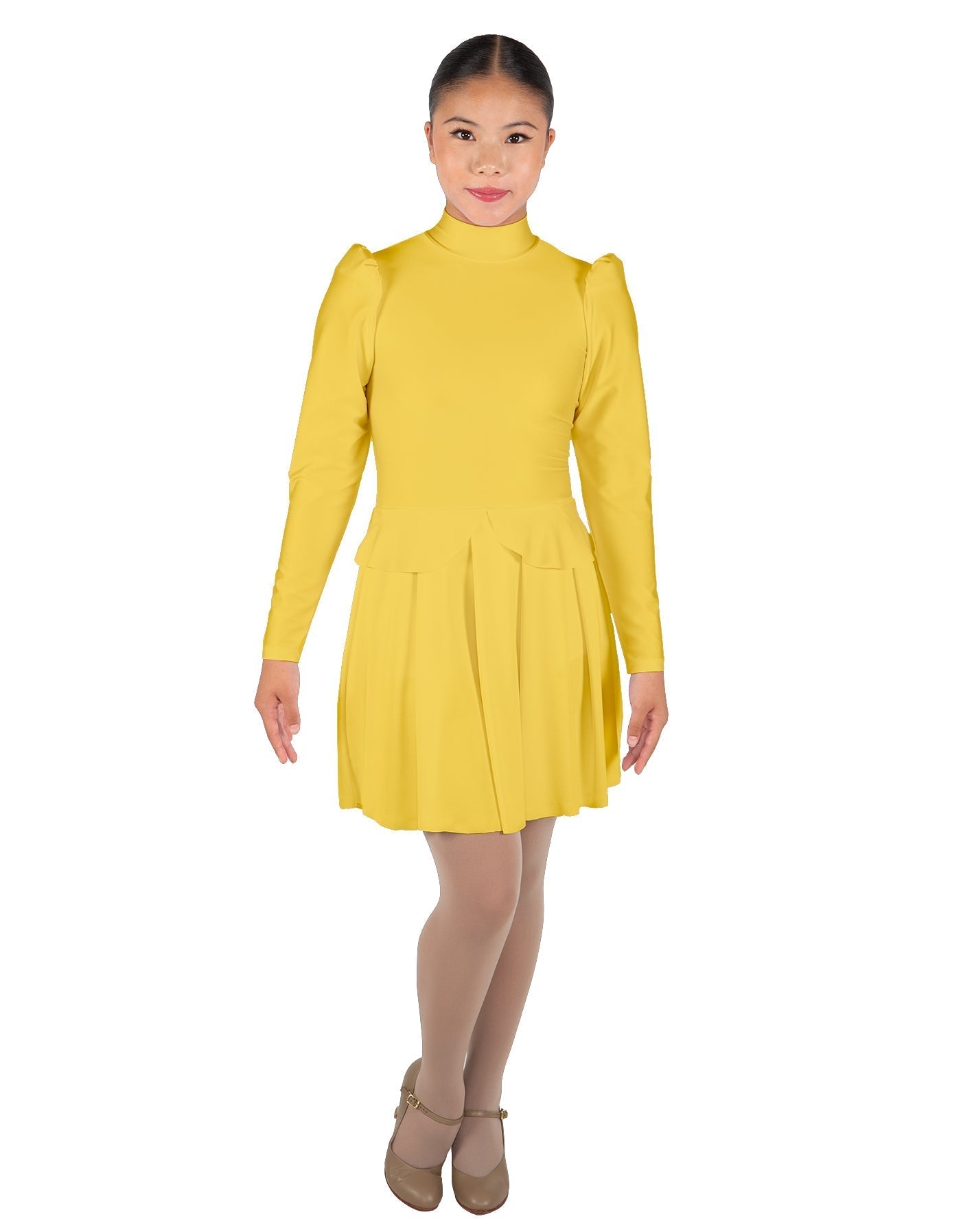 Solid Lycra LS TNeck Leotard with Attached Pleated Skirt and Peplum