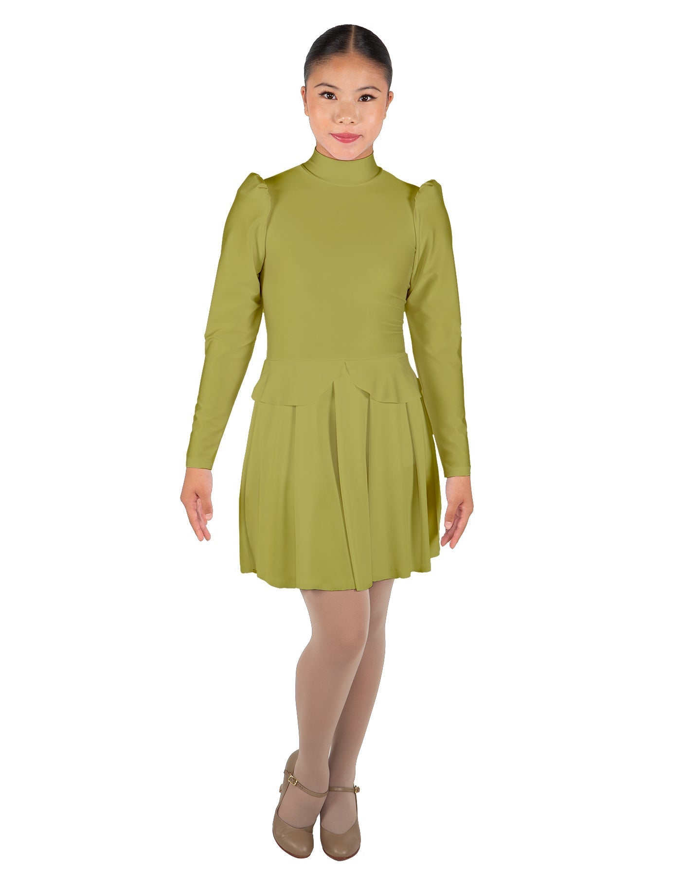 Solid Lycra LS TNeck Leotard with Attached Pleated Skirt and Peplum