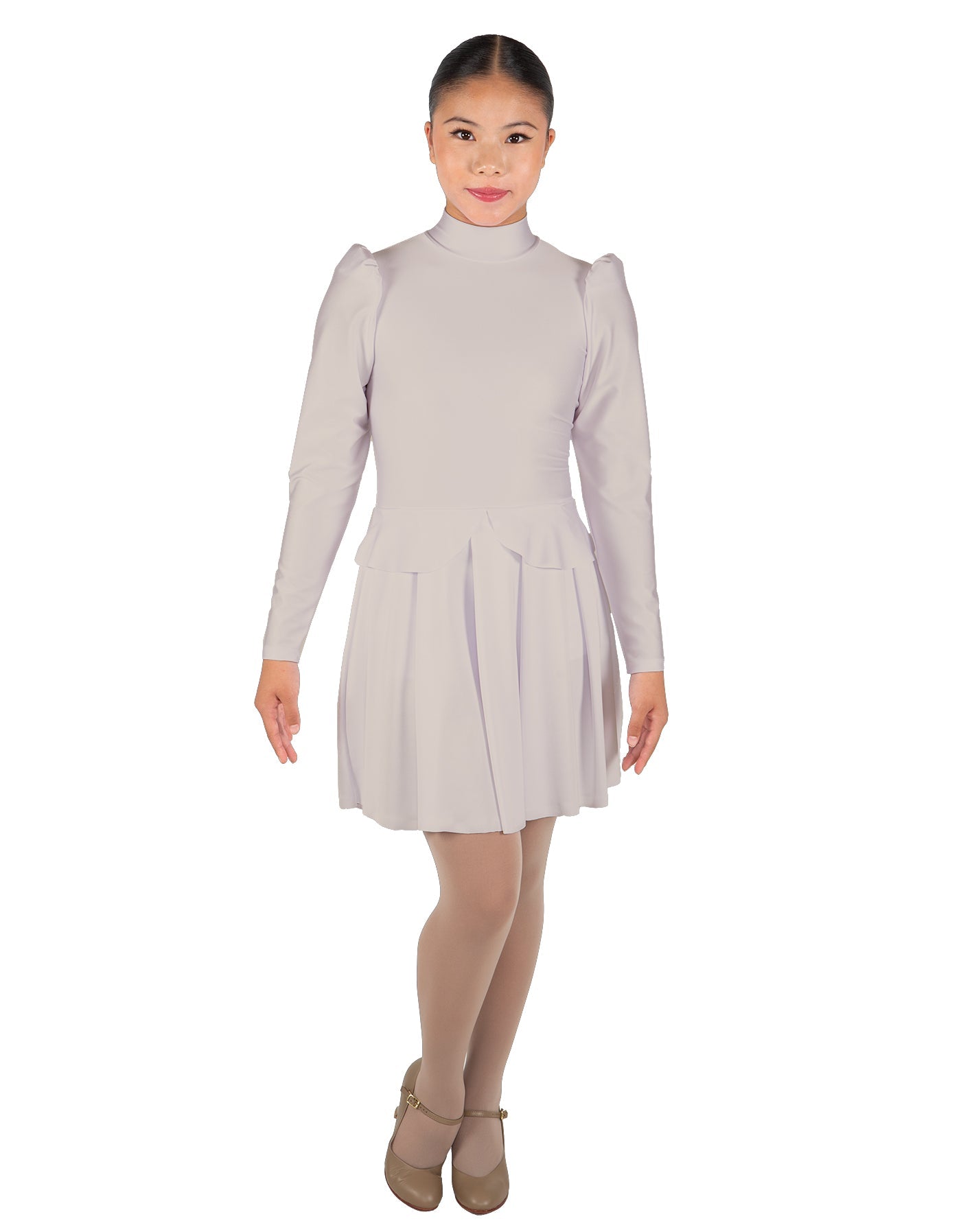 Solid Lycra LS TNeck Leotard with Attached Pleated Skirt and Peplum