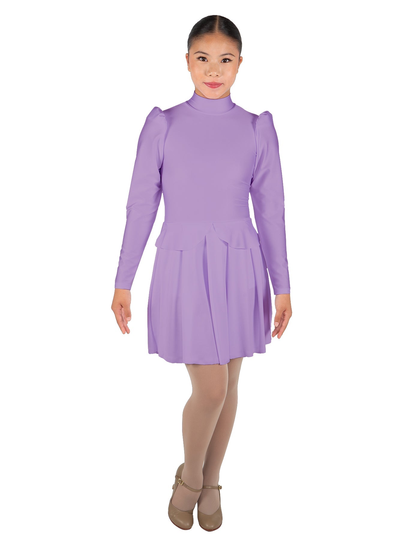 Solid Lycra LS TNeck Leotard with Attached Pleated Skirt and Peplum