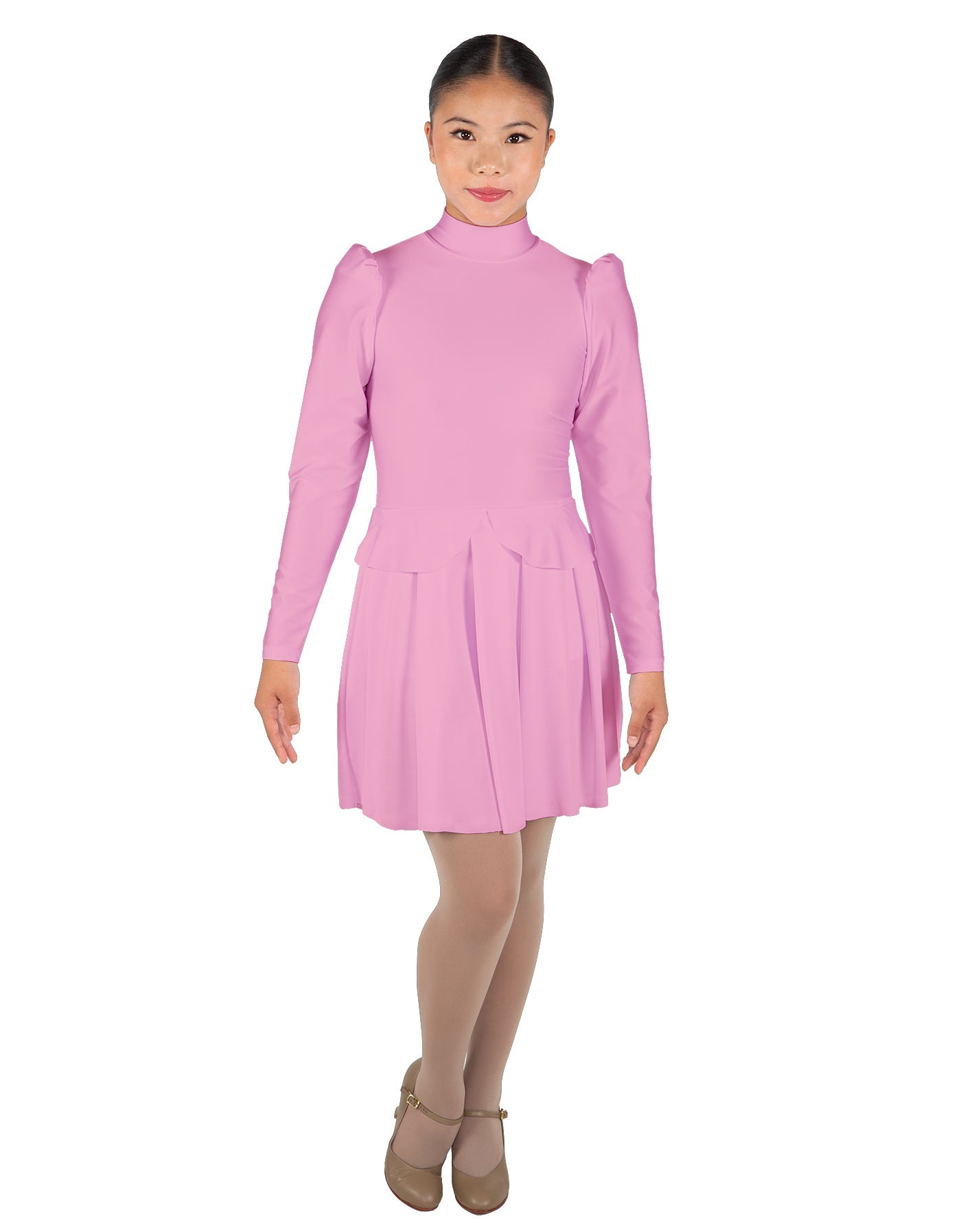 Solid Lycra LS TNeck Leotard with Attached Pleated Skirt and Peplum