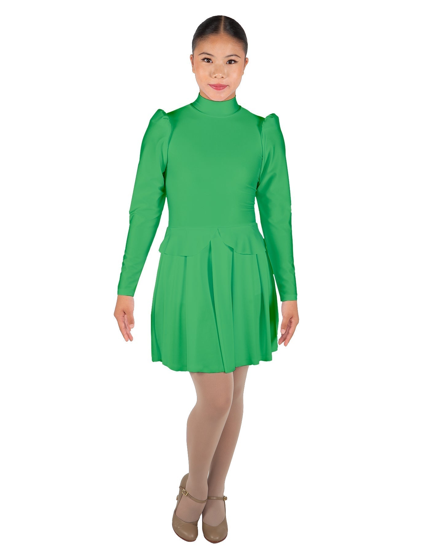 Solid Lycra LS TNeck Leotard with Attached Pleated Skirt and Peplum
