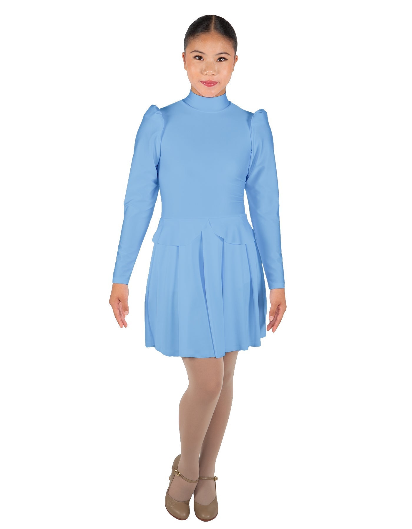 Solid Lycra LS TNeck Leotard with Attached Pleated Skirt and Peplum