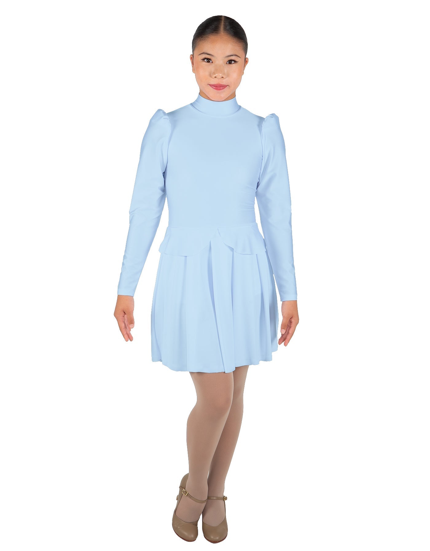 Solid Lycra LS TNeck Leotard with Attached Pleated Skirt and Peplum