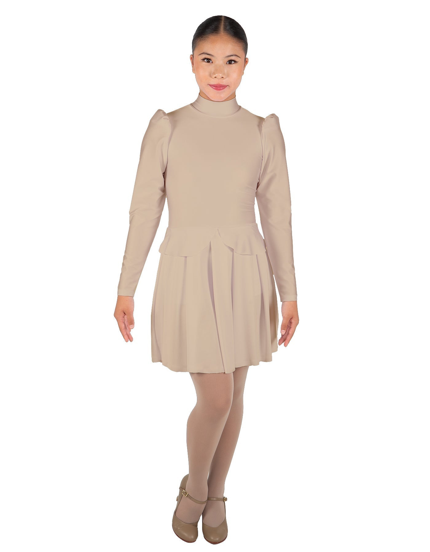 Solid Lycra LS TNeck Leotard with Attached Pleated Skirt and Peplum