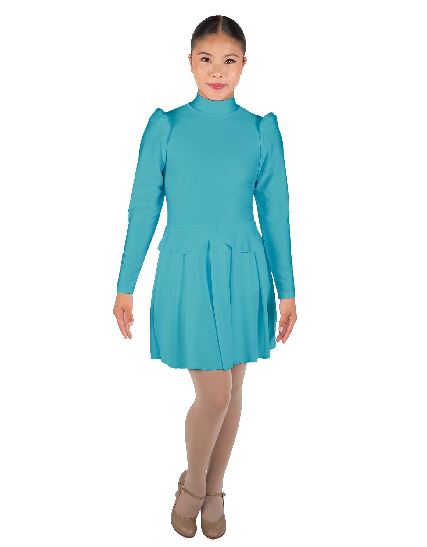Solid Lycra LS TNeck Leotard with Attached Pleated Skirt and Peplum