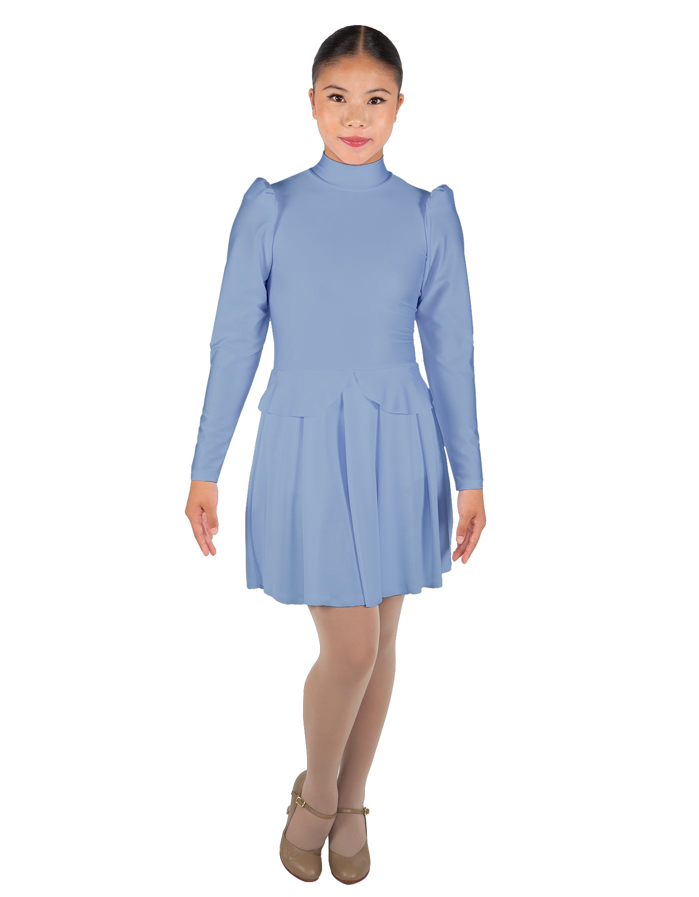 Solid Lycra LS TNeck Leotard with Attached Pleated Skirt and Peplum