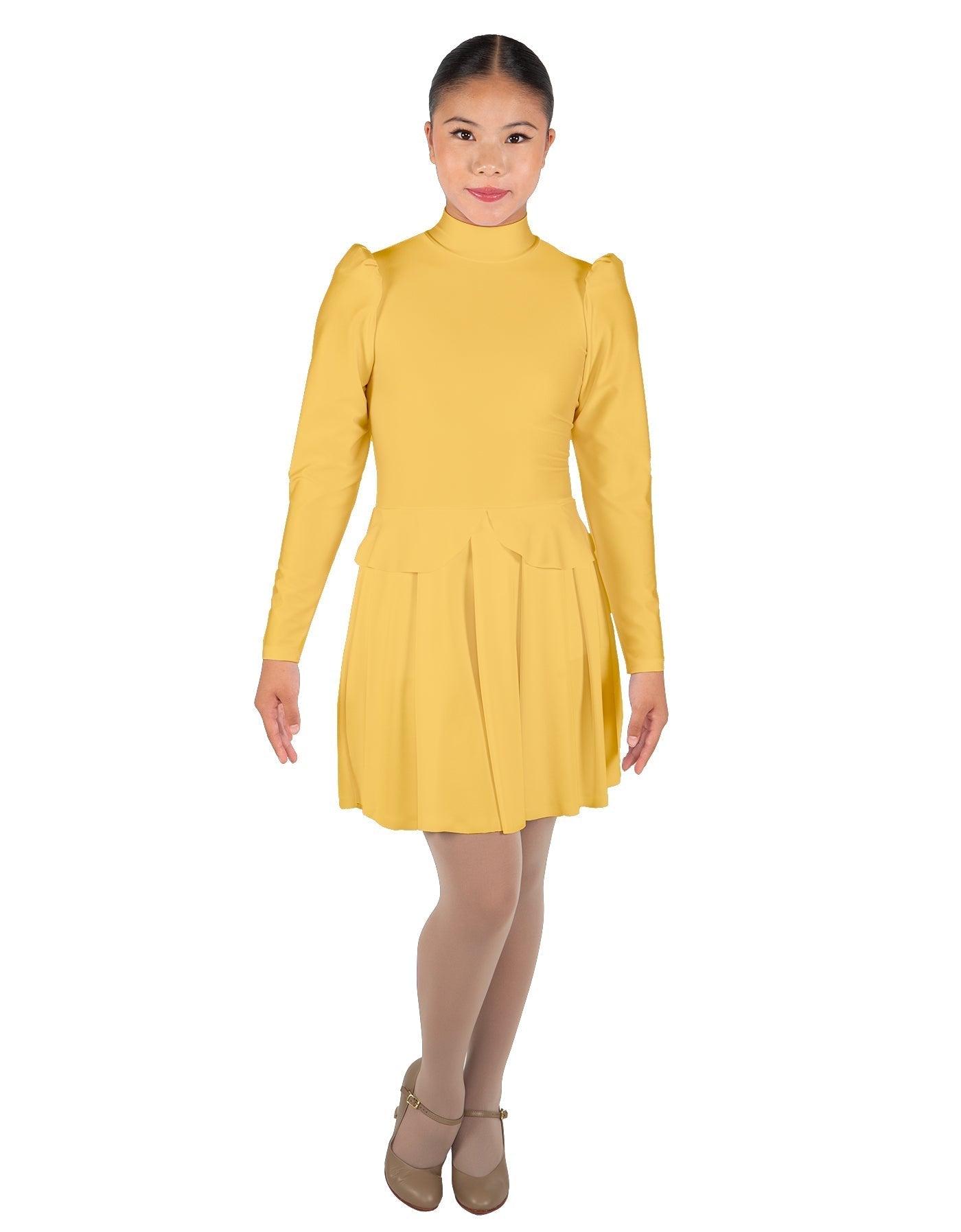 Solid Lycra LS TNeck Leotard with Attached Pleated Skirt and Peplum