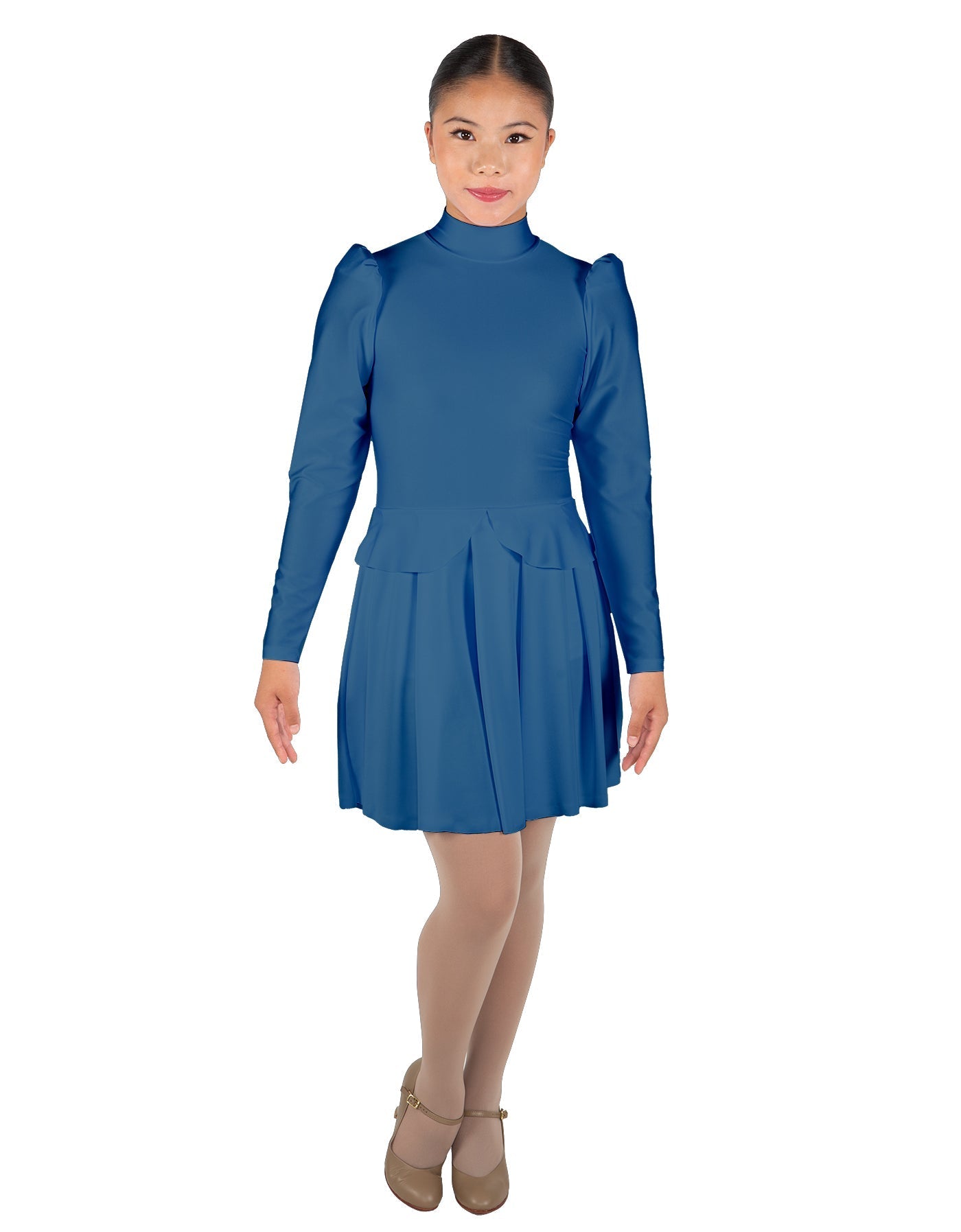 Solid Lycra LS TNeck Leotard with Attached Pleated Skirt and Peplum