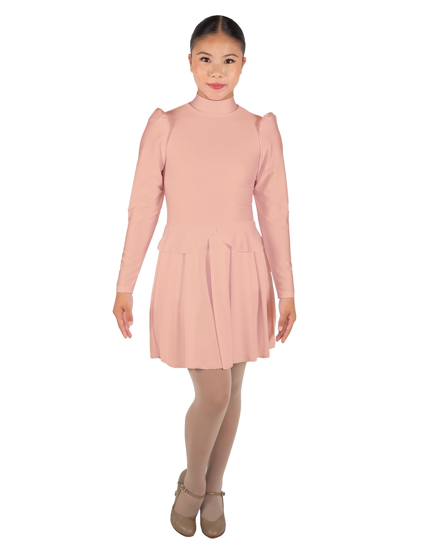 Solid Lycra LS TNeck Leotard with Attached Pleated Skirt and Peplum