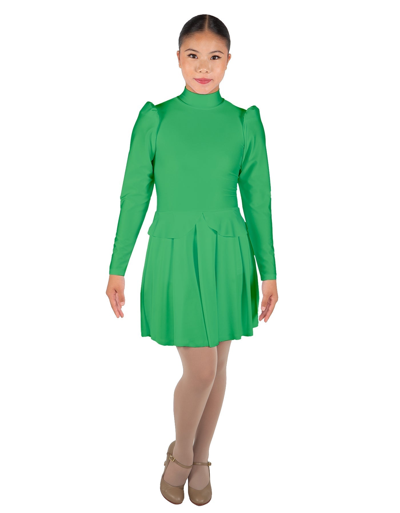 Solid Lycra LS TNeck Leotard with Attached Pleated Skirt and Peplum